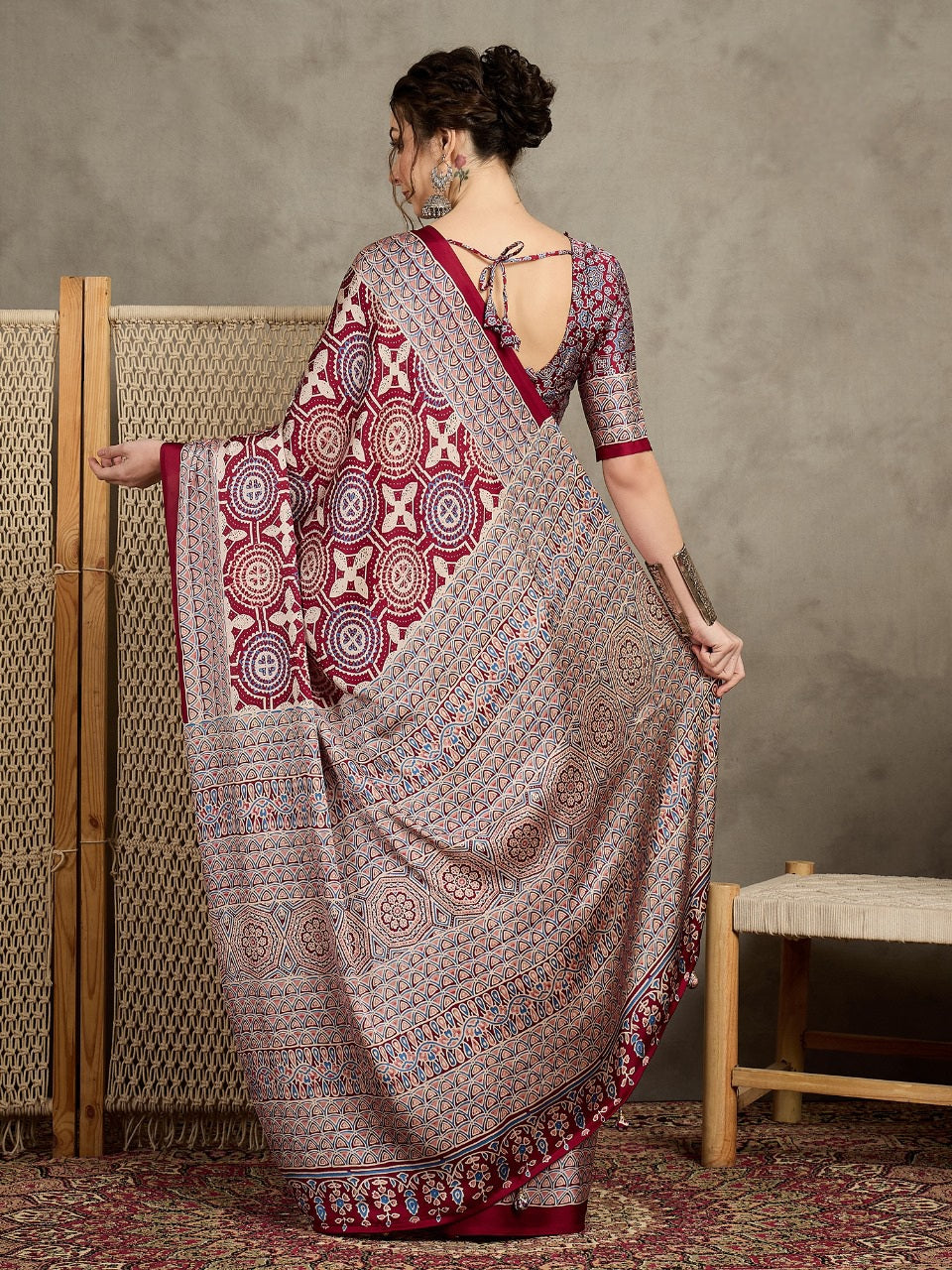 823002 Trending Ajrakh Print Semi Modal Silk Red Saree