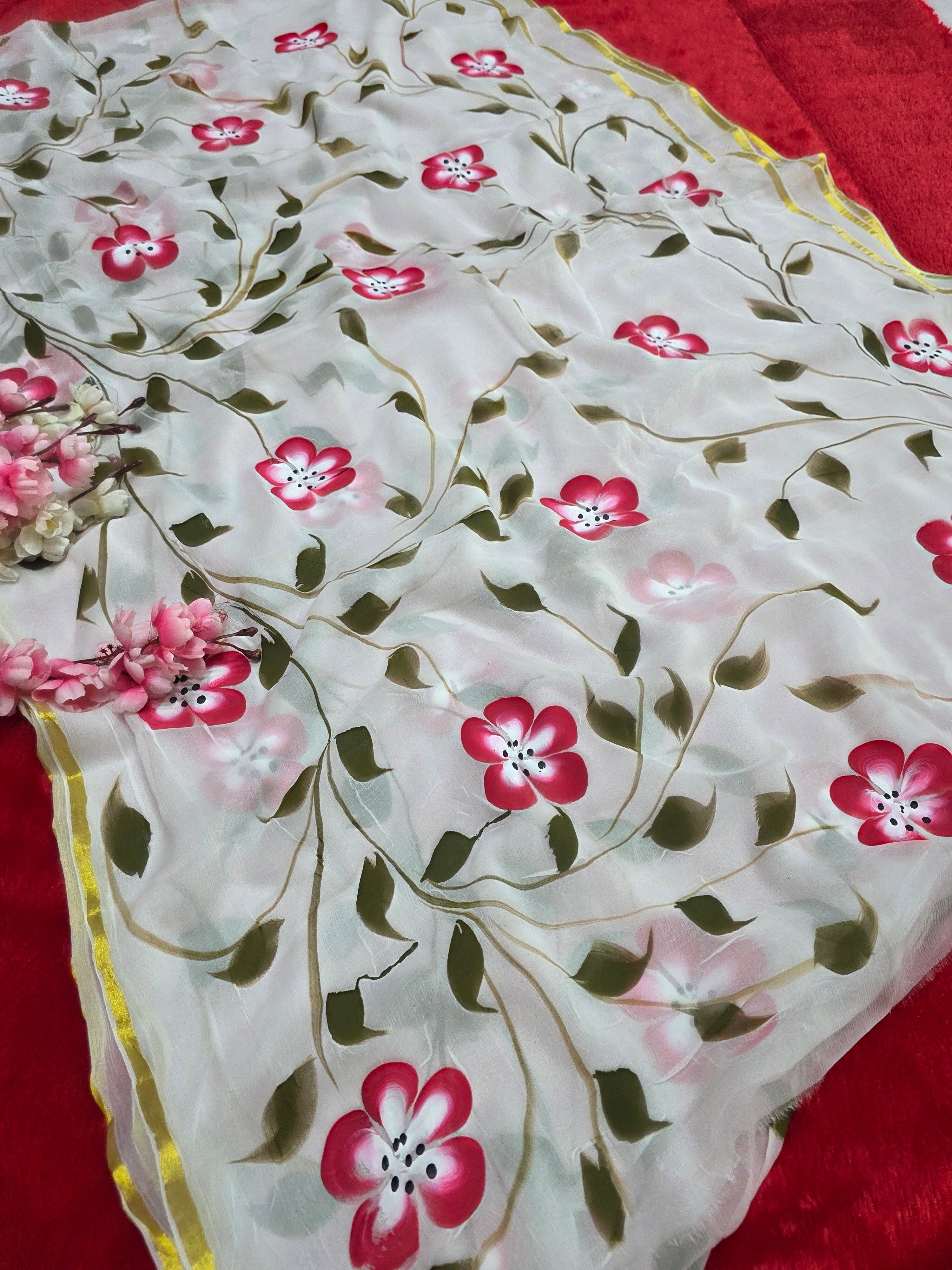 103403 Pure Rajasthani Diamond Chiffon Saree with Hand Painted Flower Print and Zari Weaving in full Saree