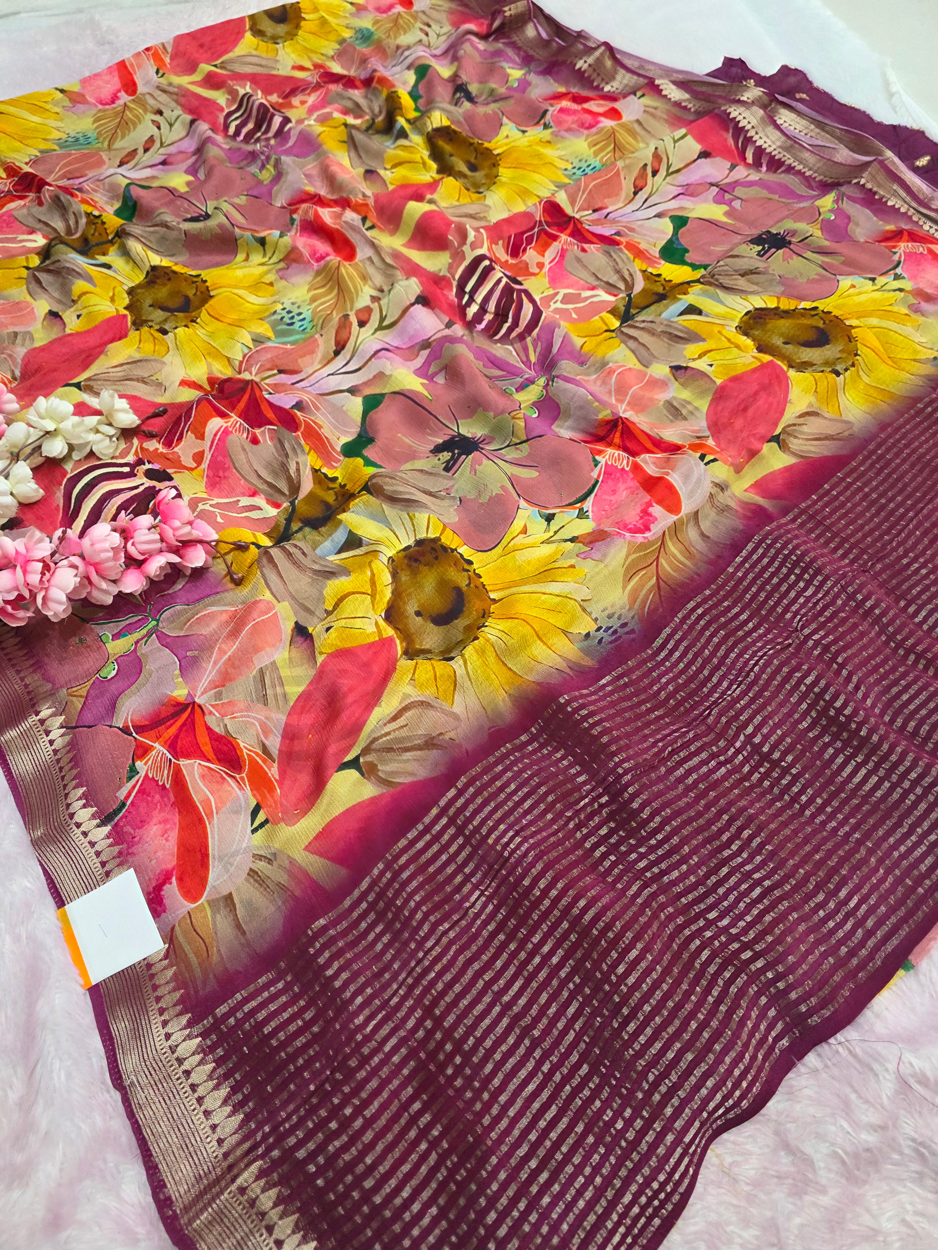 CA0715 Chitra Special Pure Chinon Silk Printed Saree Pink