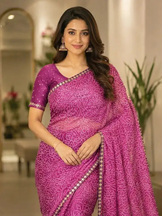 916003 Rajasthani Bandhani with Border - Purple