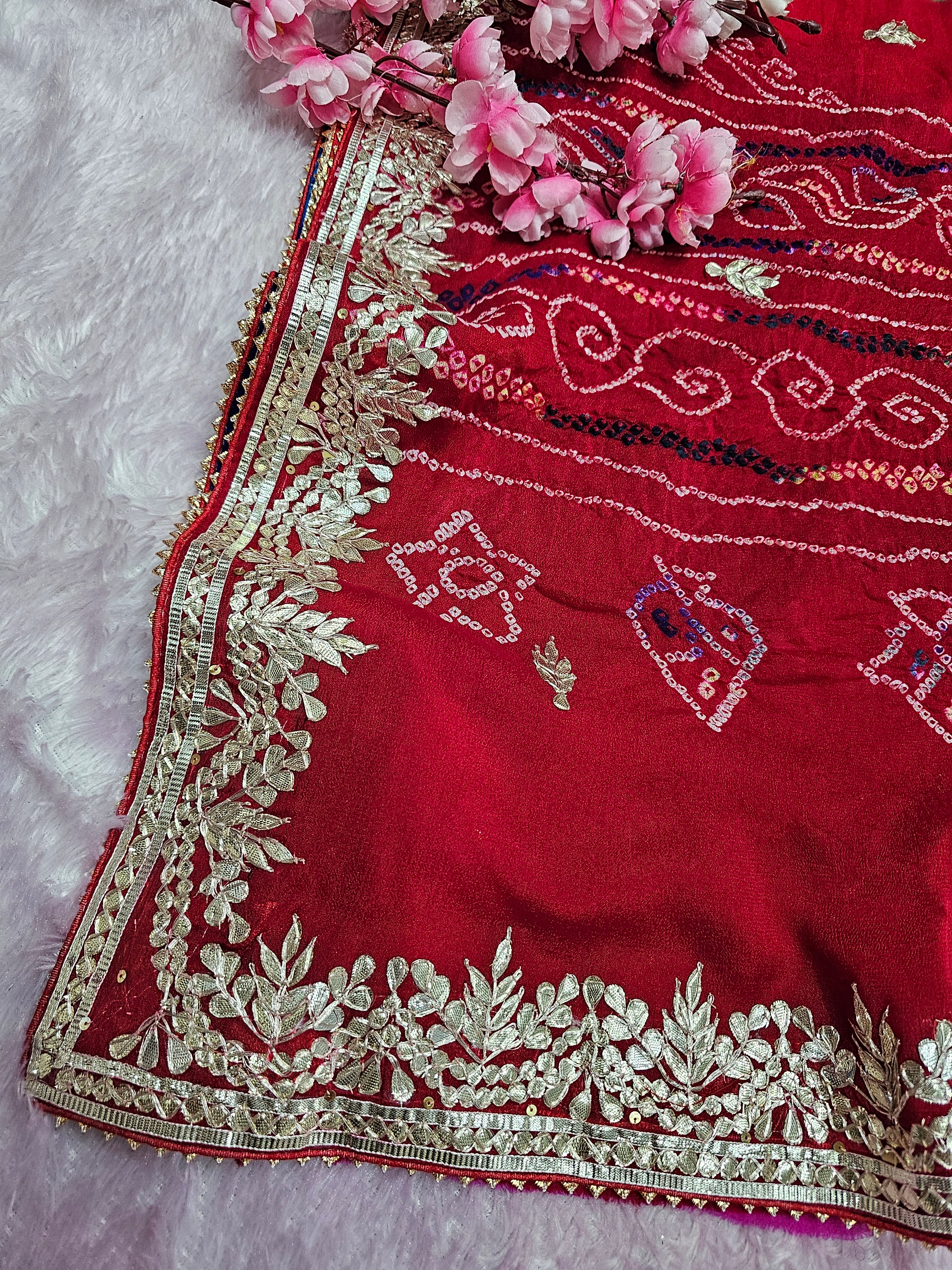 102101 Traditional Rajasthani Pure Ojariya Rai Bandhani Saree With Premium Gotapatti Work