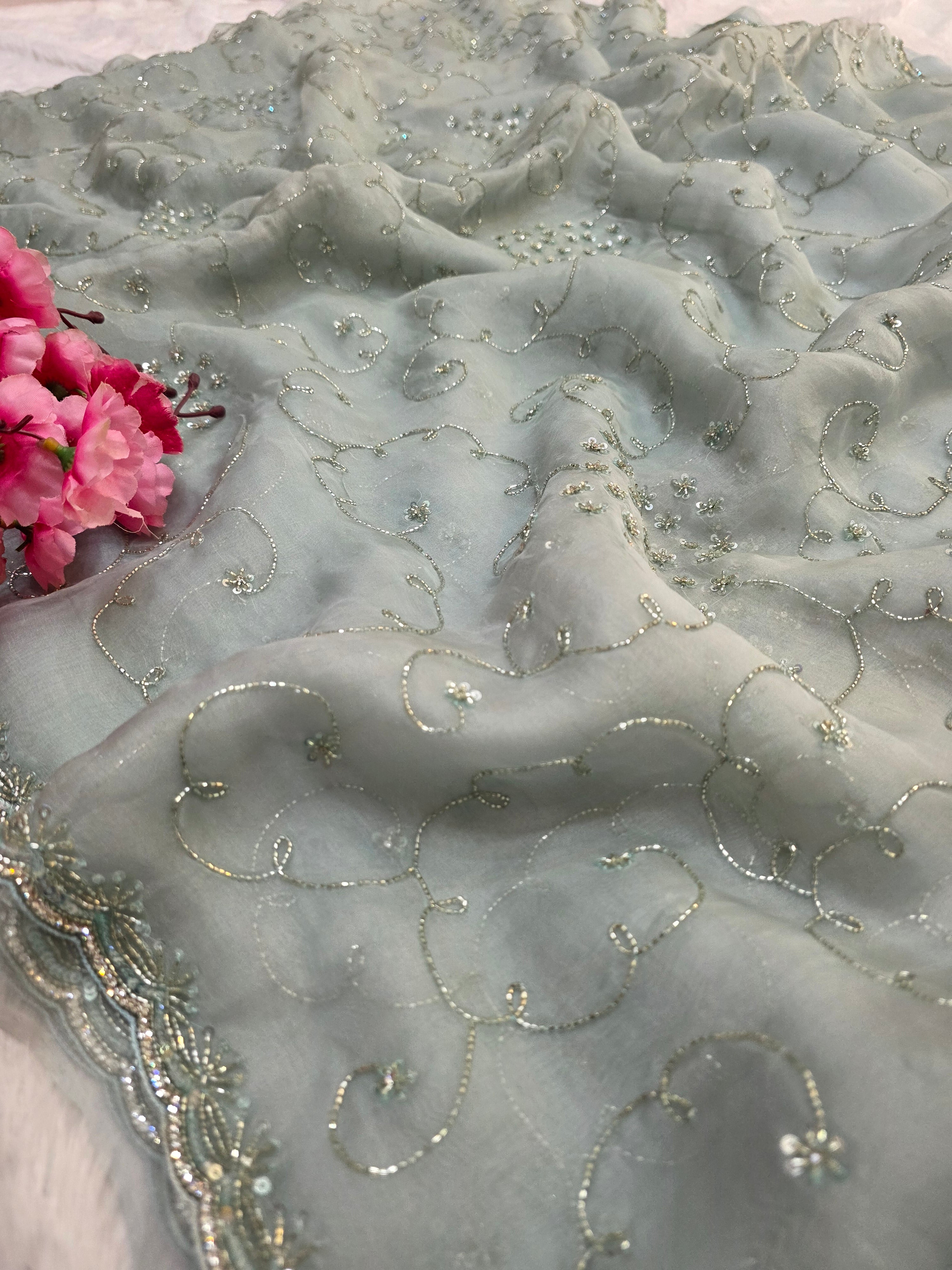 9034 Exclusive Wedding Wear Light Gray Color Designer Organza Saree With Handwork