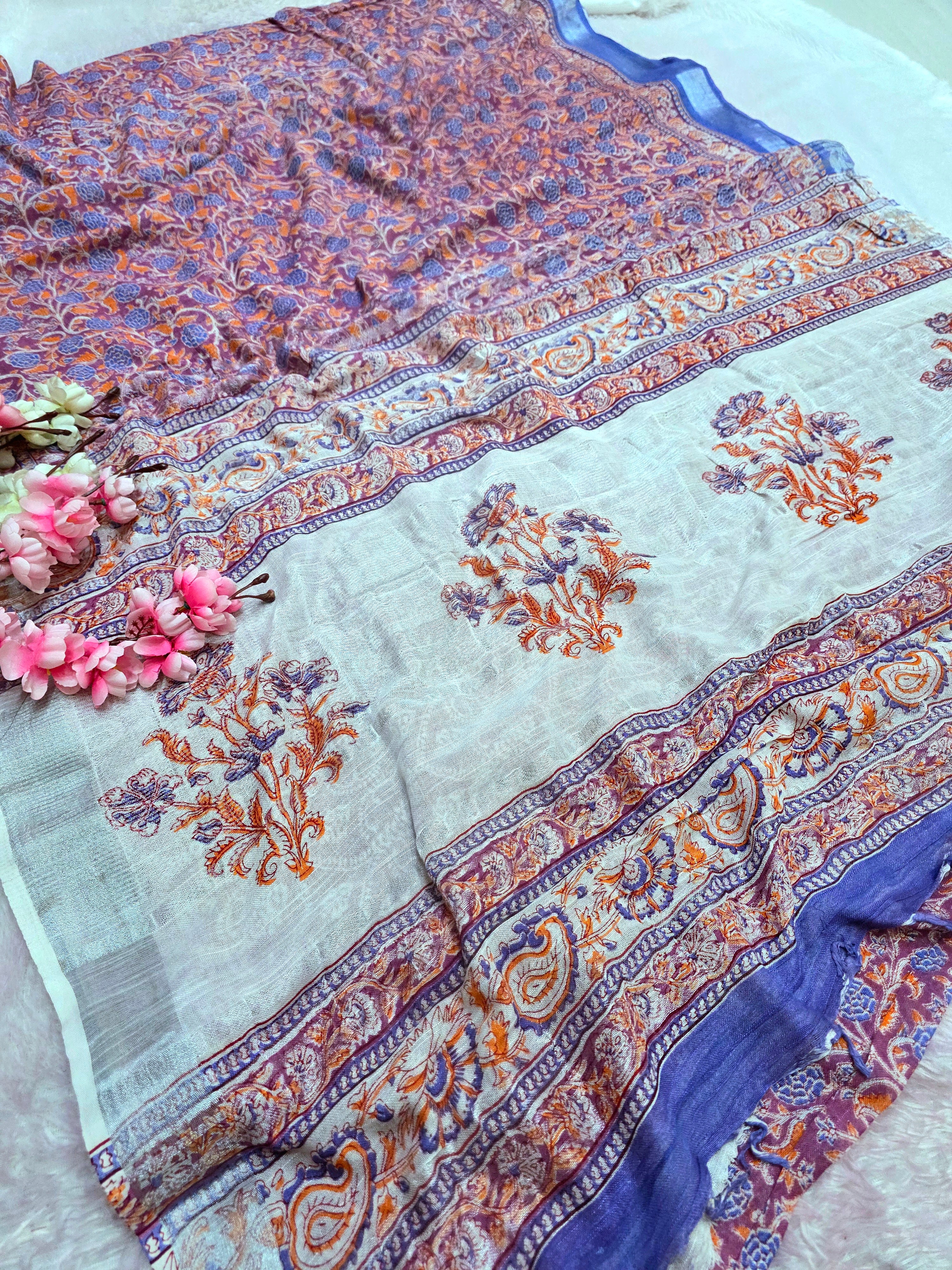 100504 Pure Rajasthani Natural Cotton Linen Hand Printed Saree