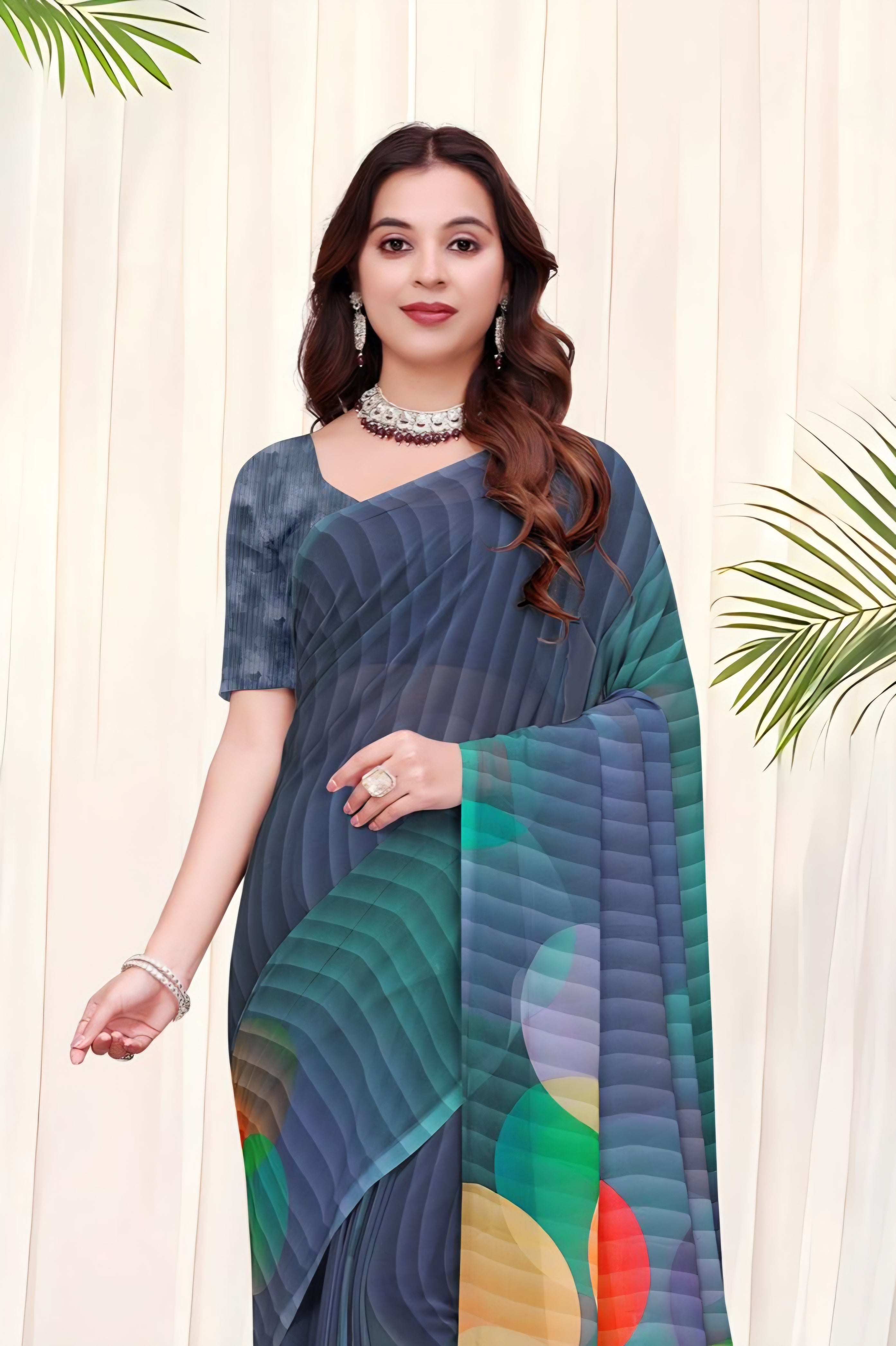 695012 डिजिटल फ्लावर प्रिंट जॉर्जेट क्रेप साड़ी