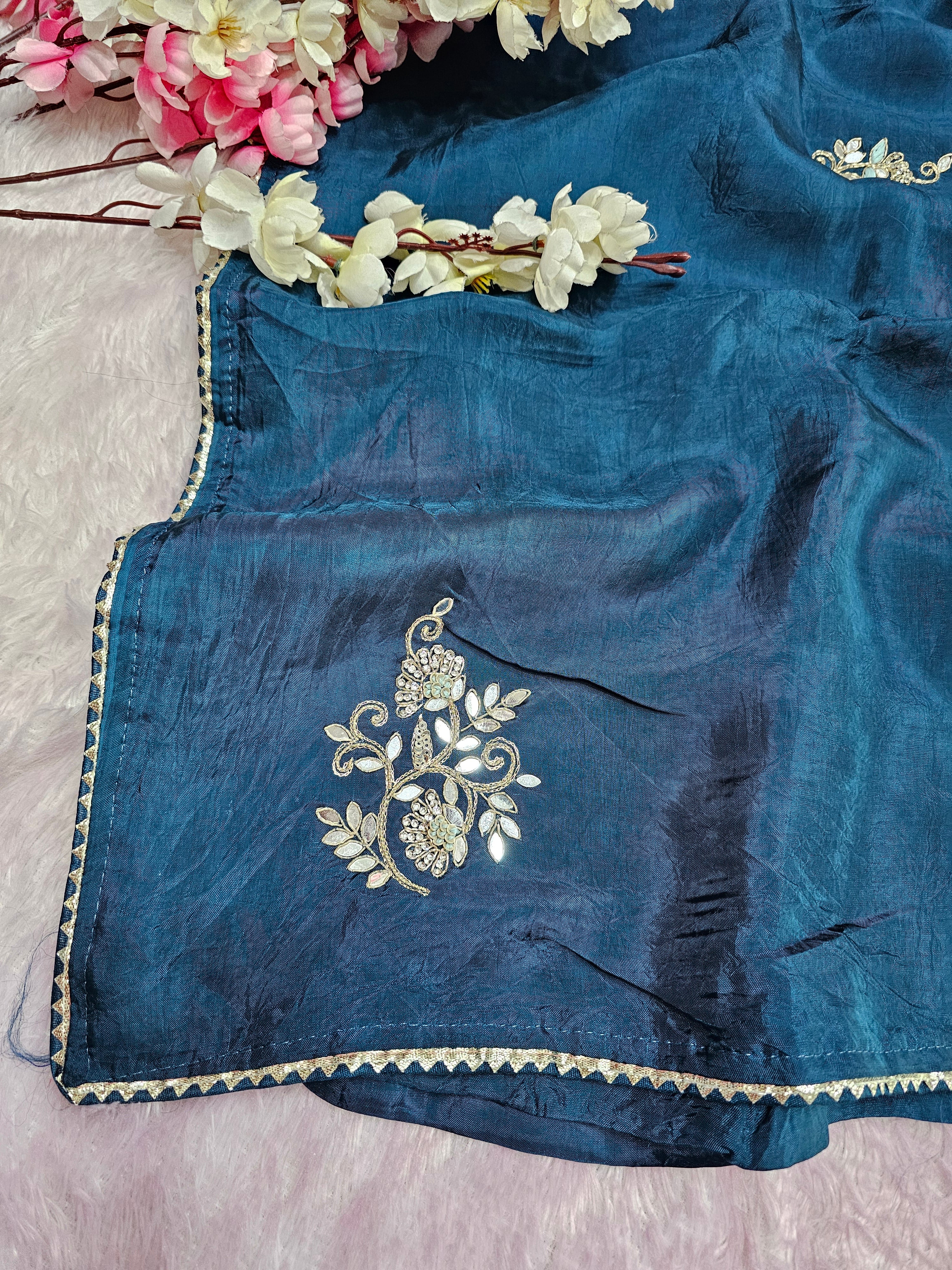 12459 Designer Pure Upada Silk Traditional Rajasthani Saree with Gota Patti Work - Blue