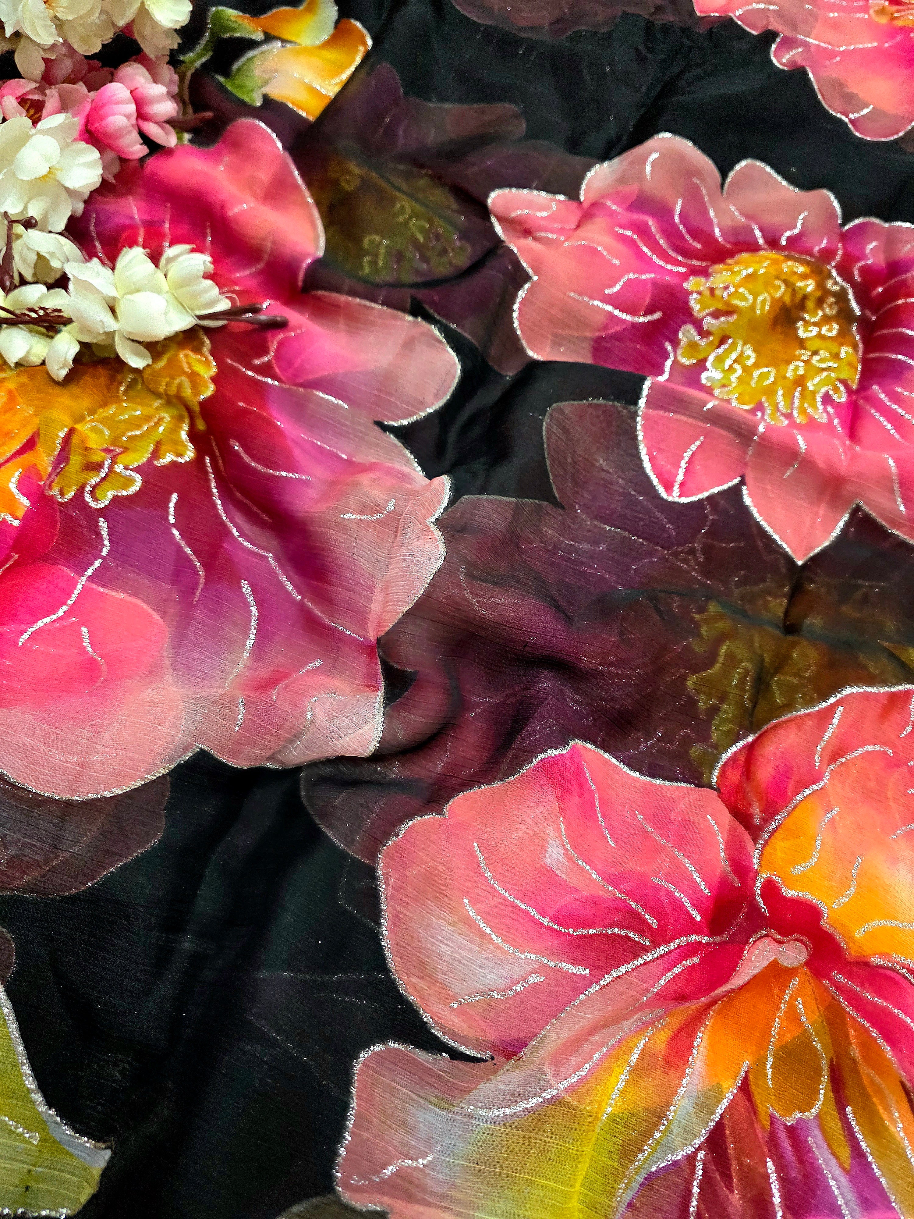 991001 Lightweight Elegant Semi Chiffon Flower Print Saree with Zari Print - Black