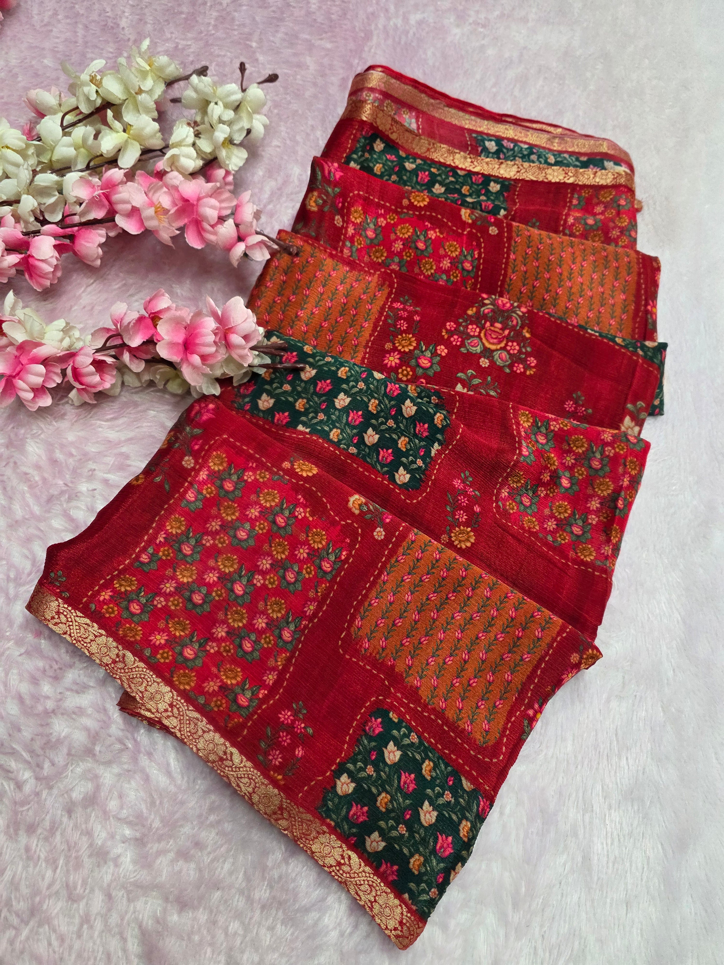103806 Exclusive Pure Chinon Silk Traditional Print Yellow Saree with Zari Weaving Border