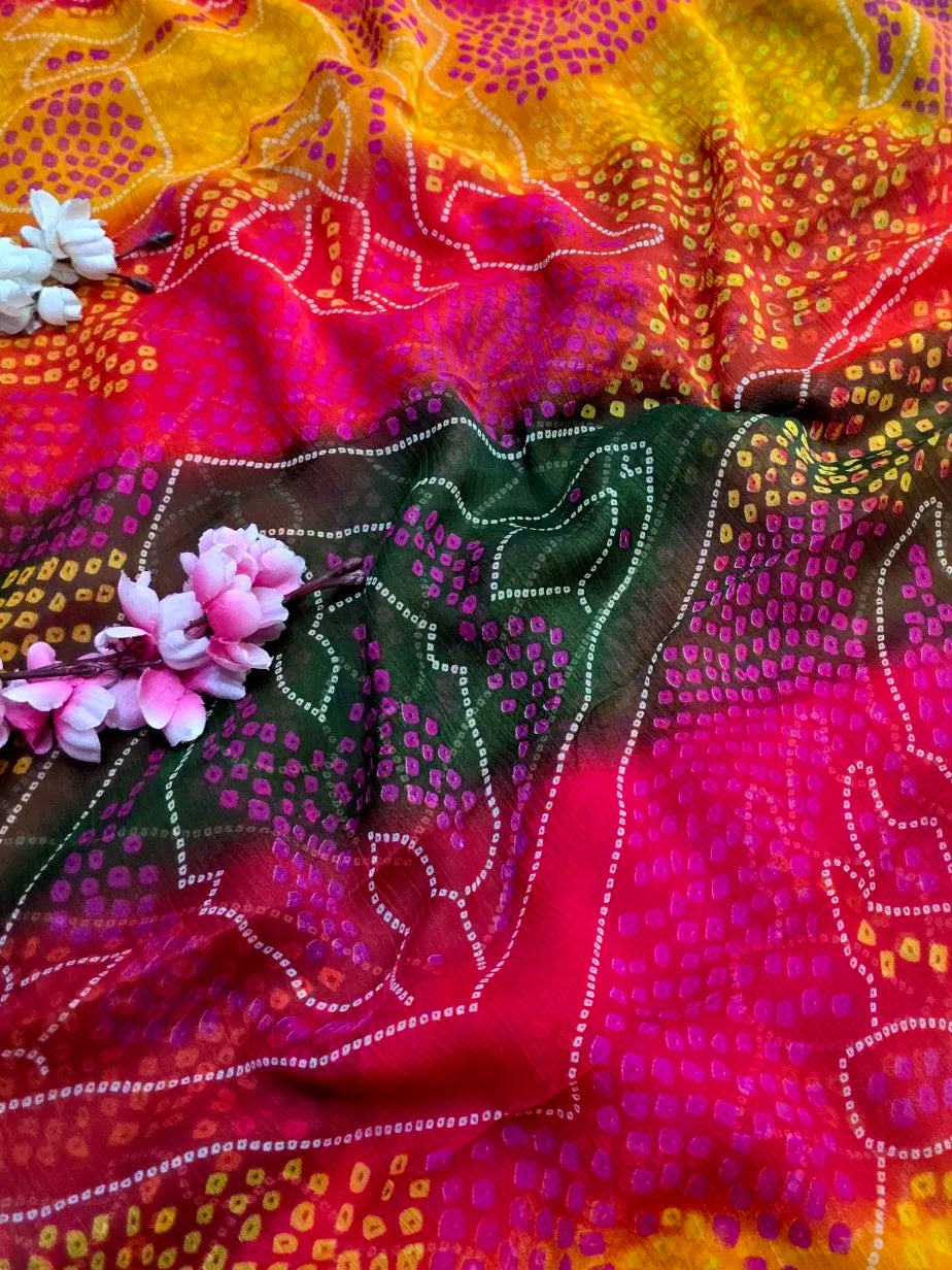 CA1043 Lightweight Elegant Semi Chiffon Bandhani Print Saree - Green