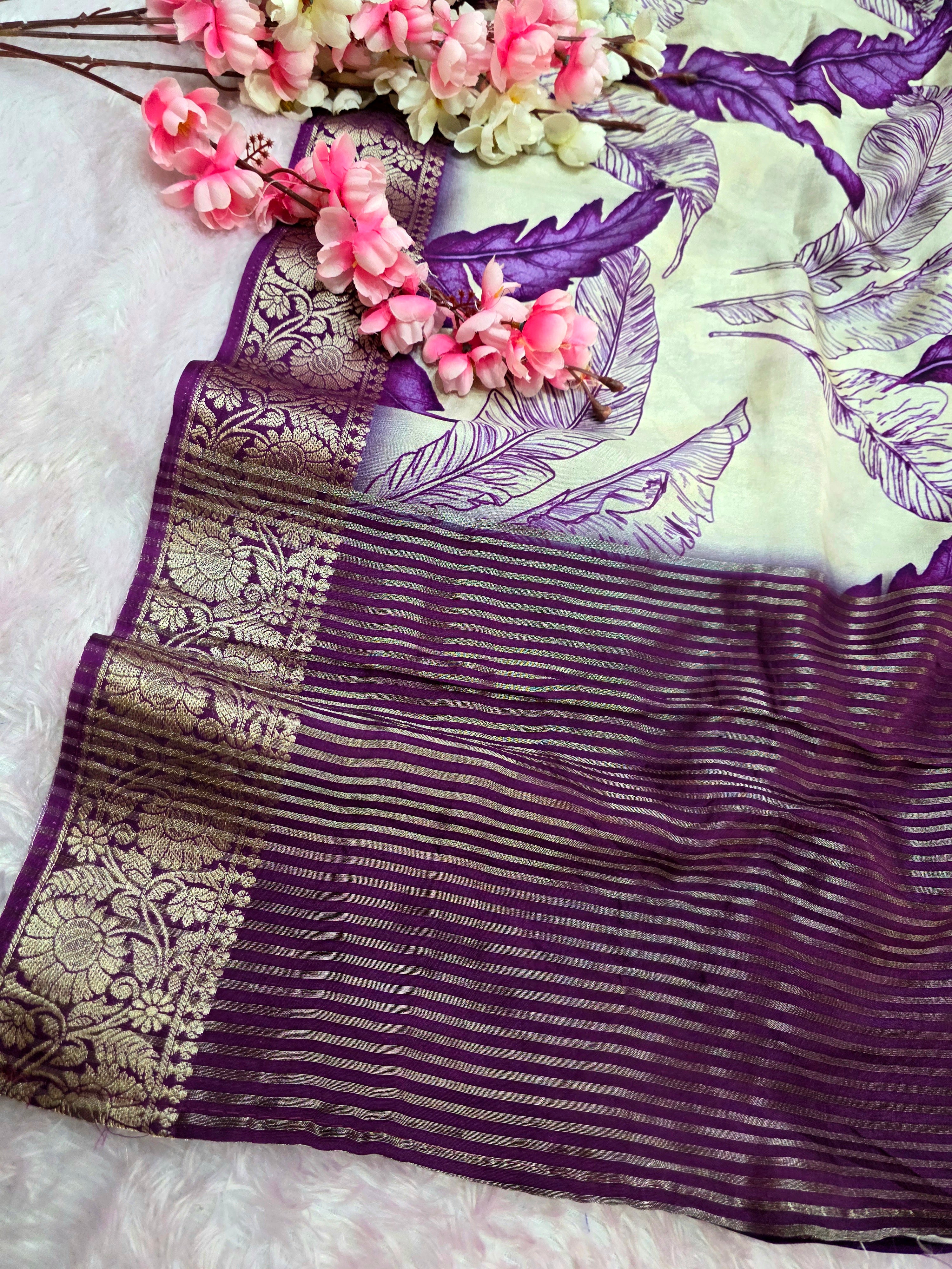 102301 Beautiful Pure Maslin Silk Purple Leaf Print Cream Saree with Zari Weaving Border and beautiful Brocket Blouse