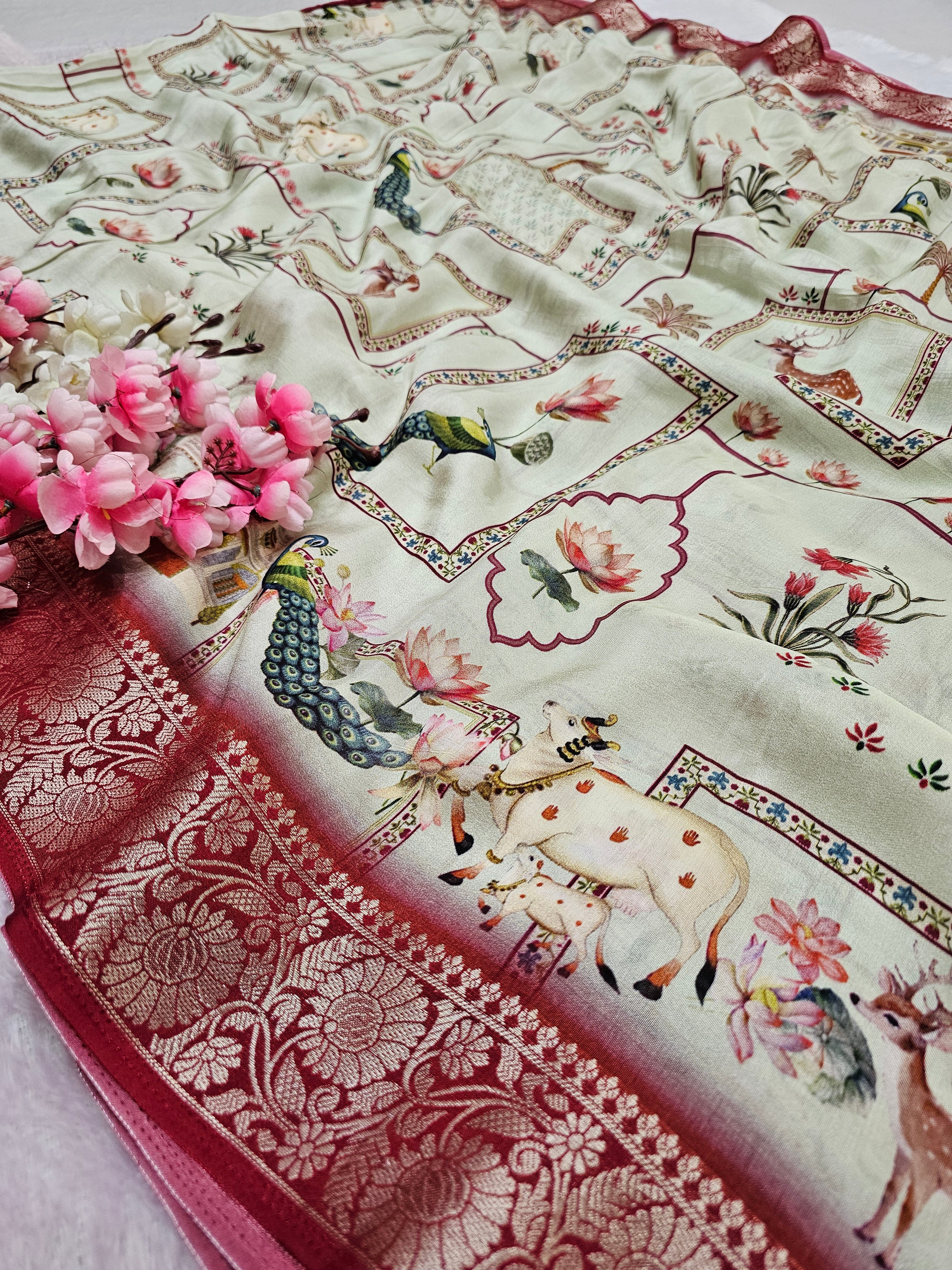 100806 Chitra Special Pure Maslin Silk Designer Rajasthani Print Saree with Zari Weaving