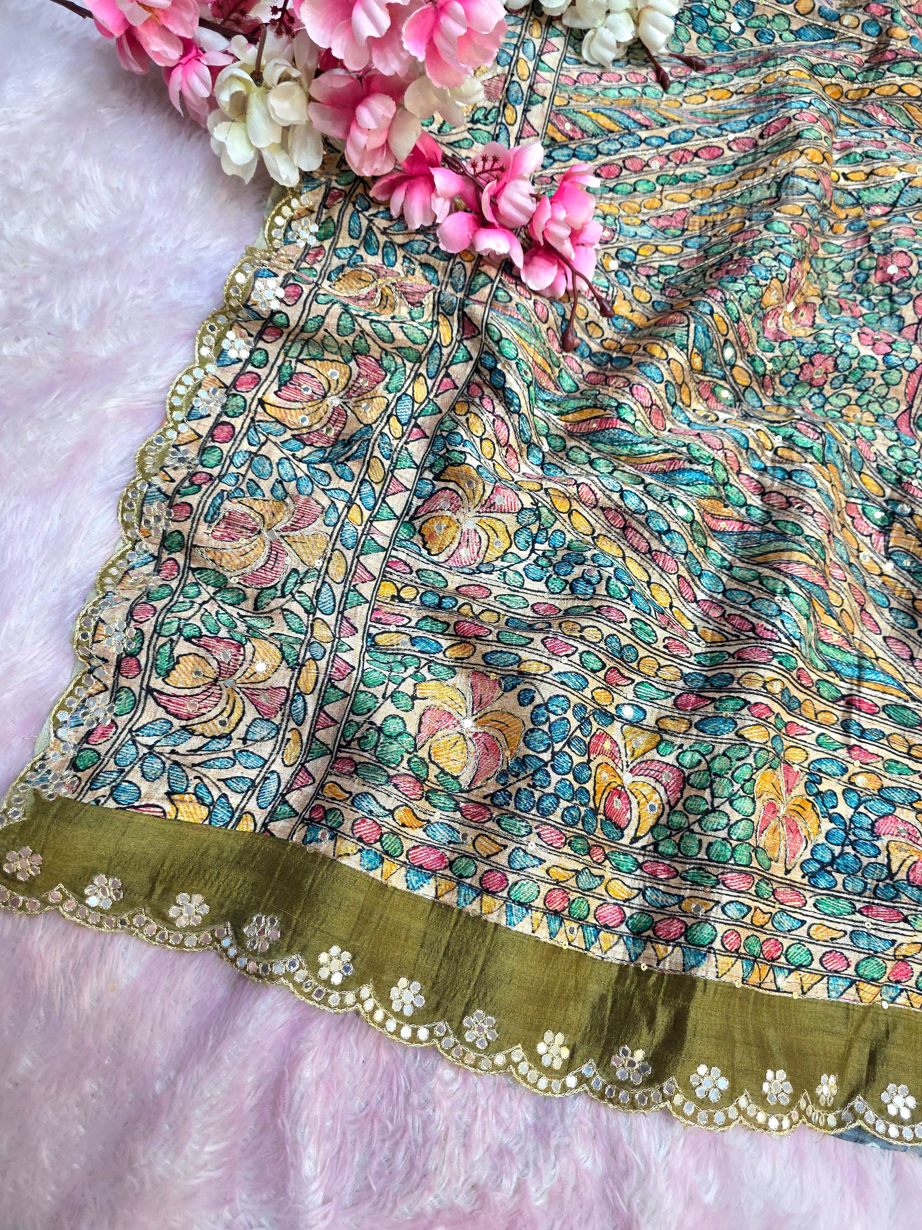CA0761 Pure Taser Silk Hand Kalamkari and Bandhani Print Saree with Aari-Tari Work - Green