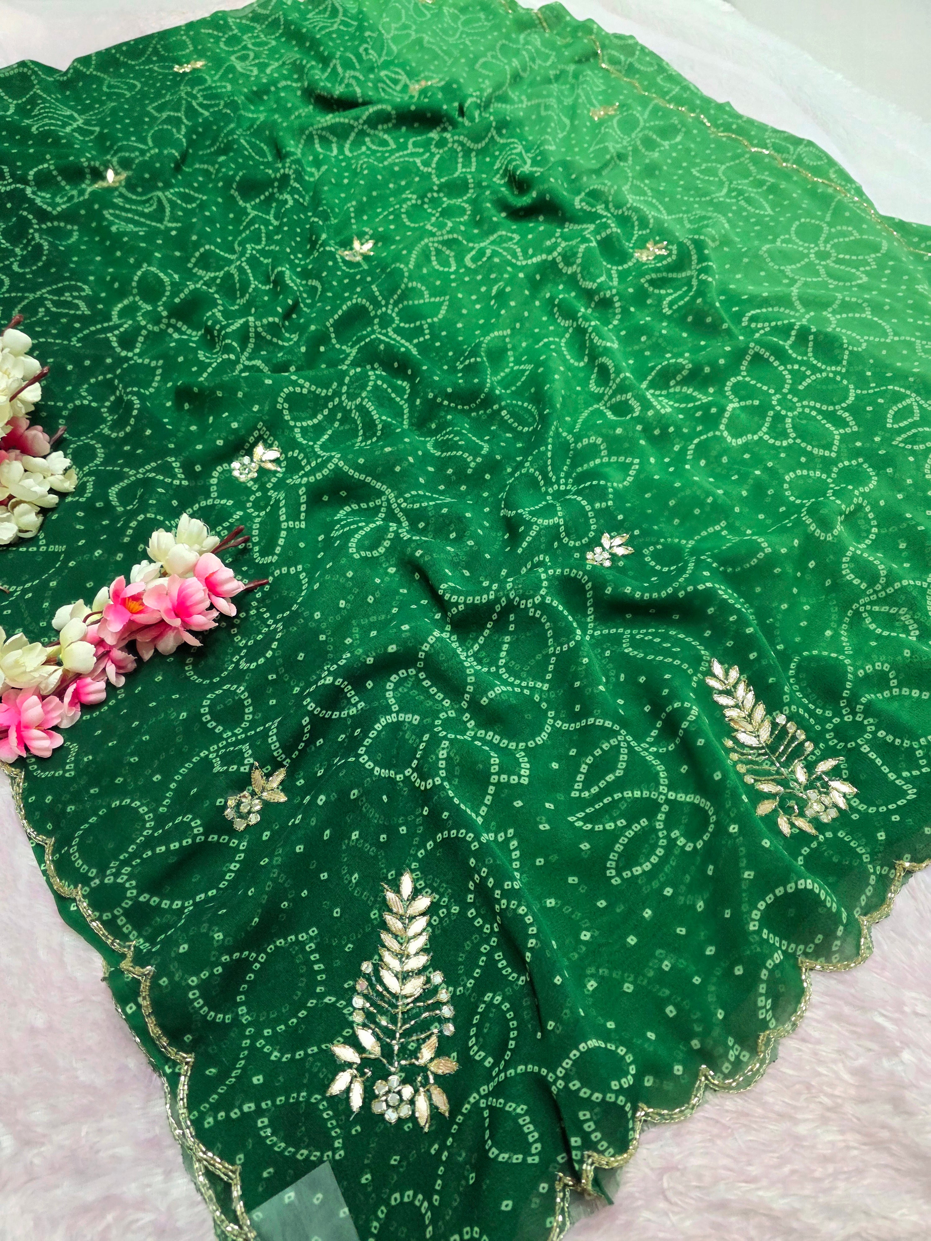 966001 Traditional Bandhani Georgette Saree with Hand Cutdana Work - Green