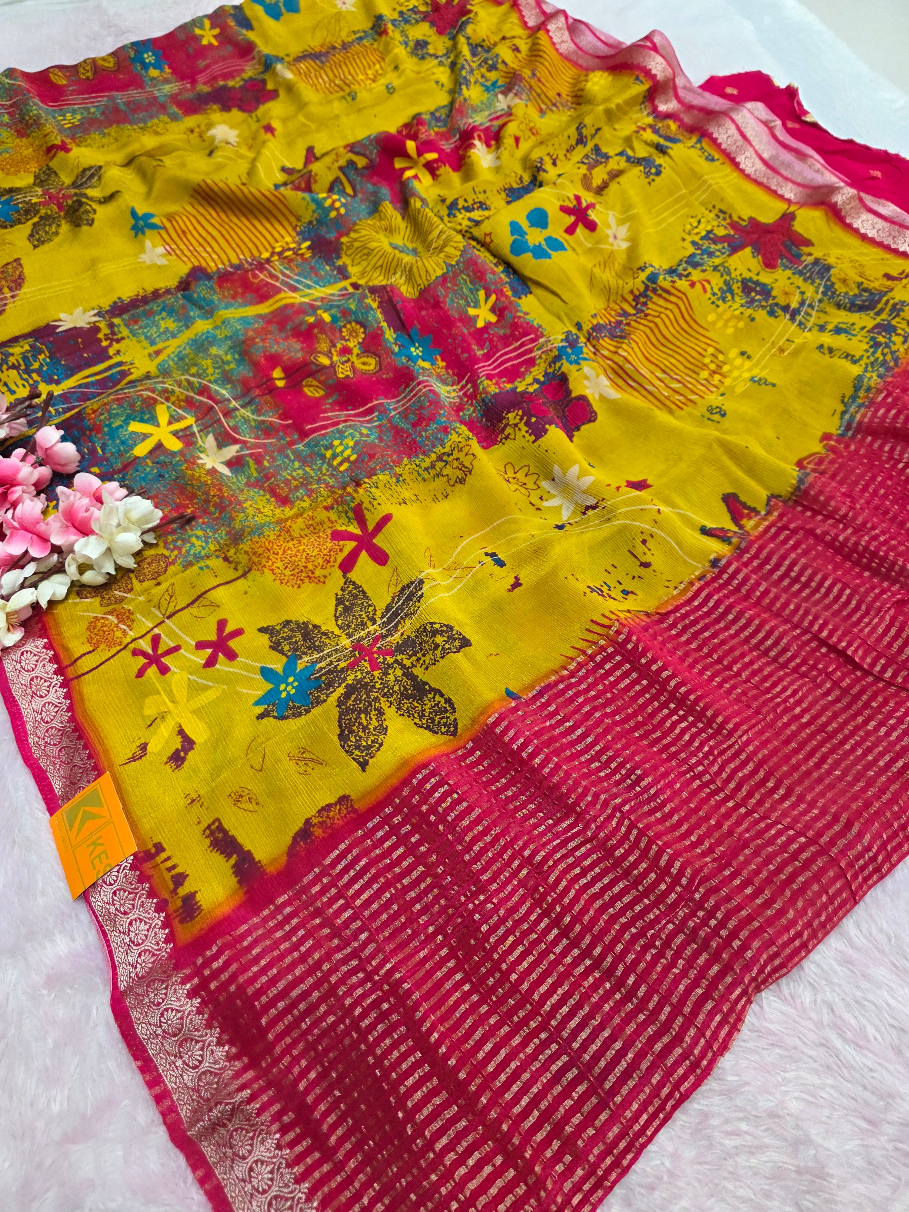 CA0717 Chitra Special Pure Chinon Silk Printed Saree Mustered