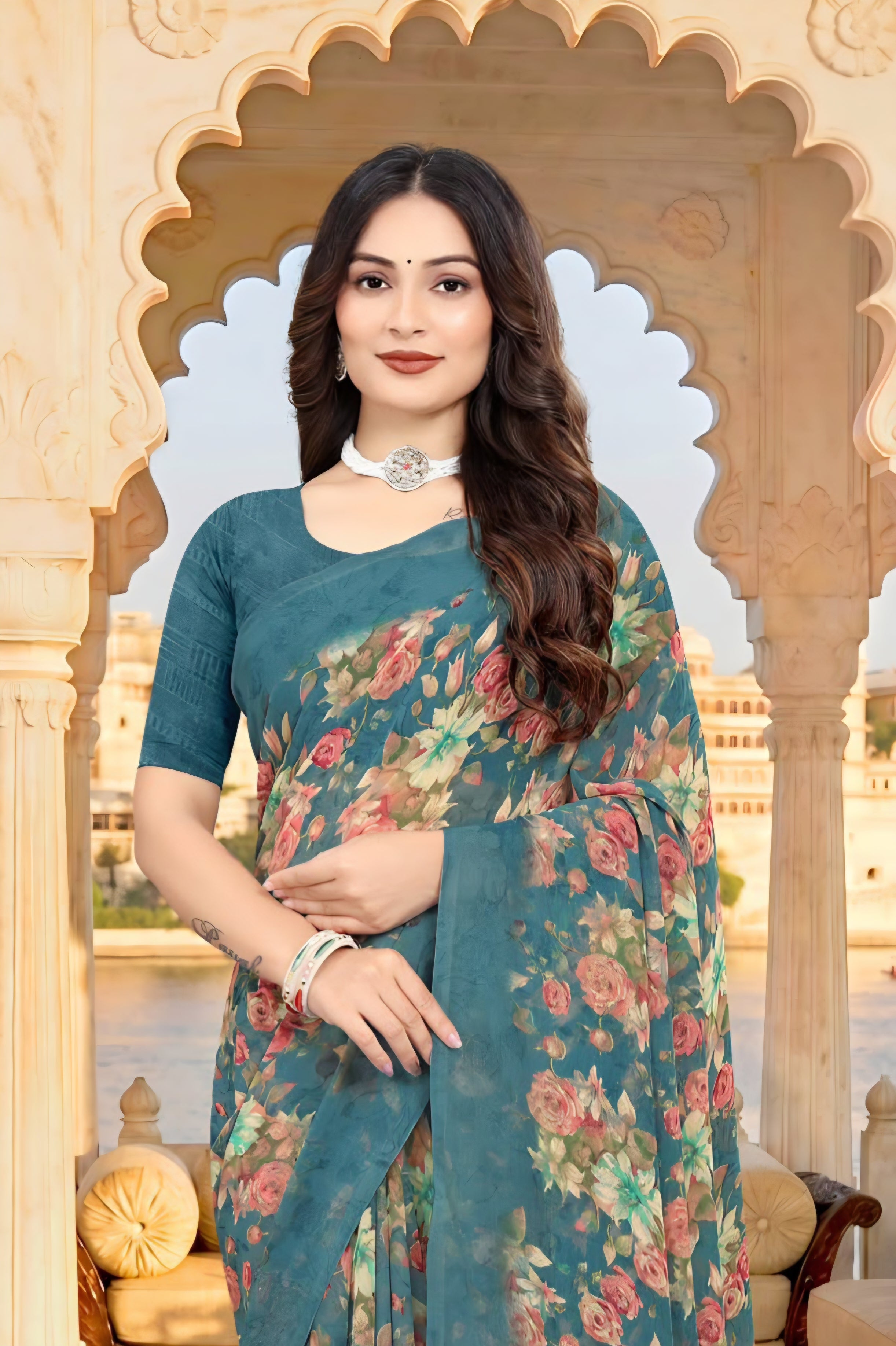 2307 Very Soft Danedar Georgette Flower Print Saree