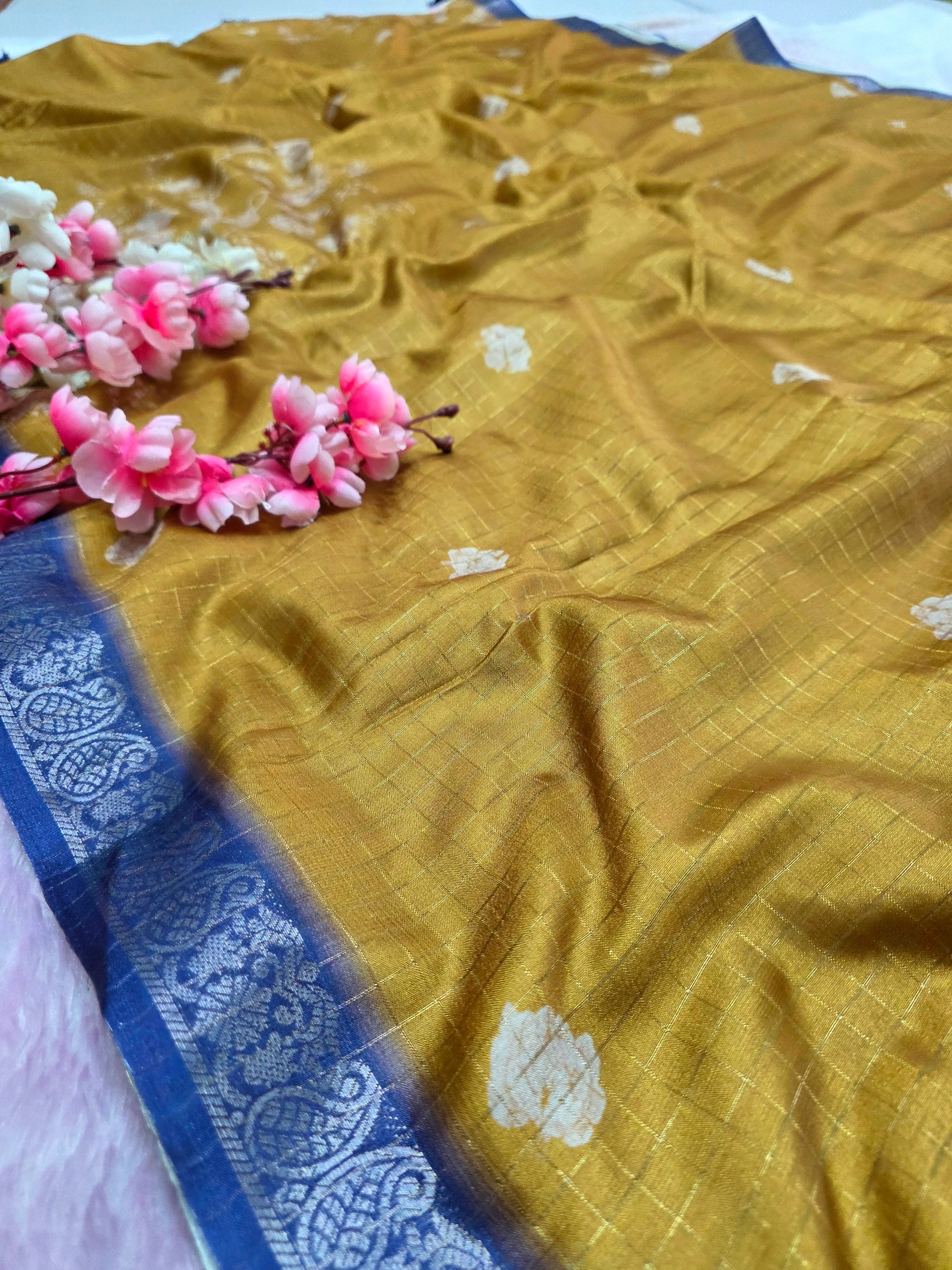 102404 Exclusive Soft Viscose Silk Printed Saree with Zari Weaving Checks