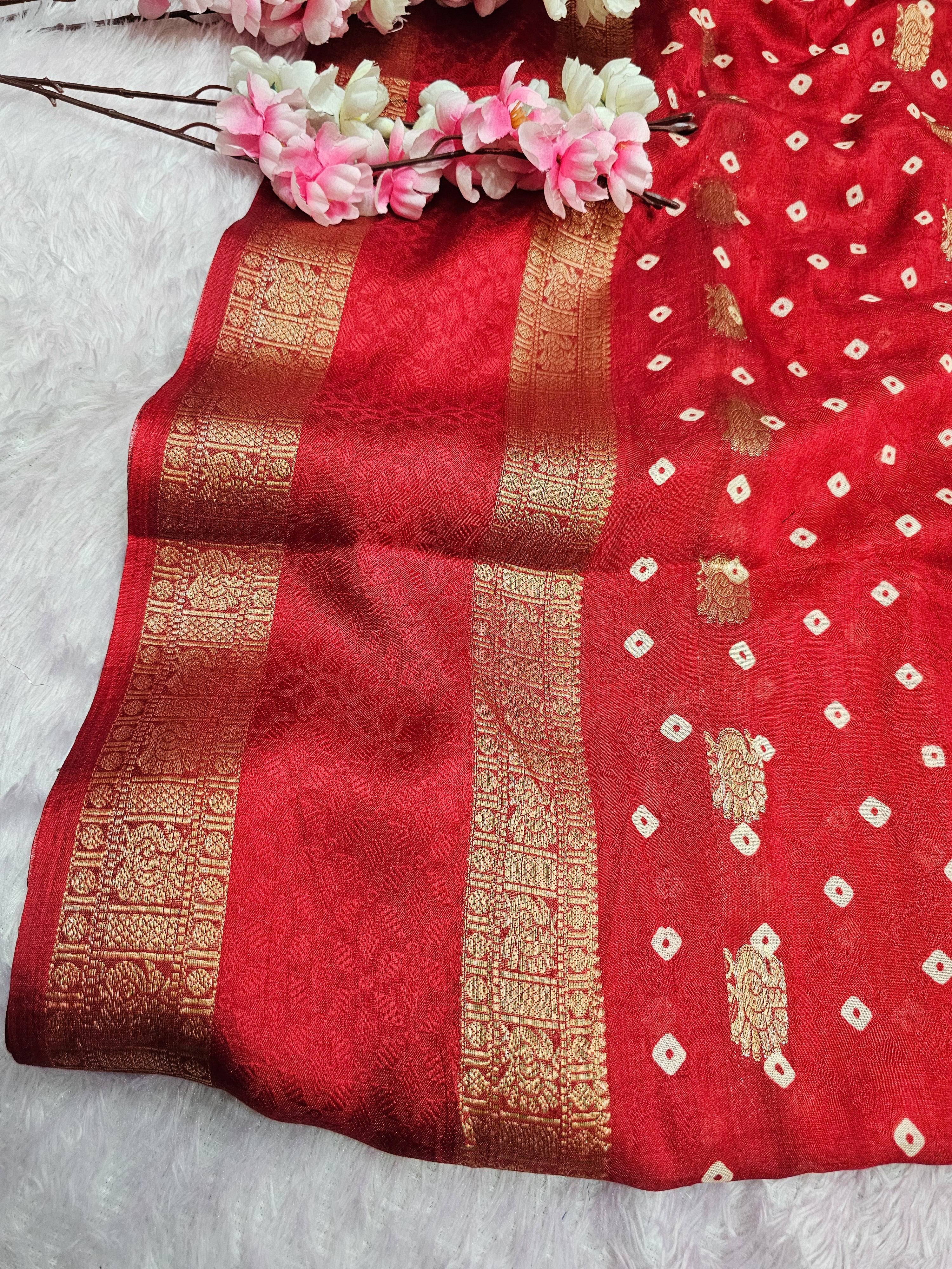 994002 Premium Bandhani Print Self Weaving Crepe Silk Saree With Zari Weaving Border - Red