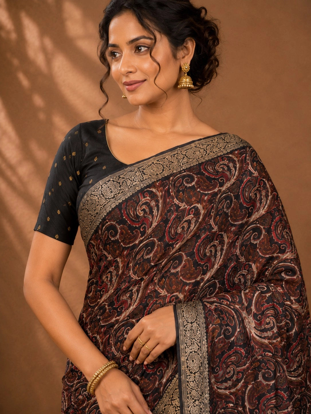 CA0709 chinon silk traditional print black & brown saree