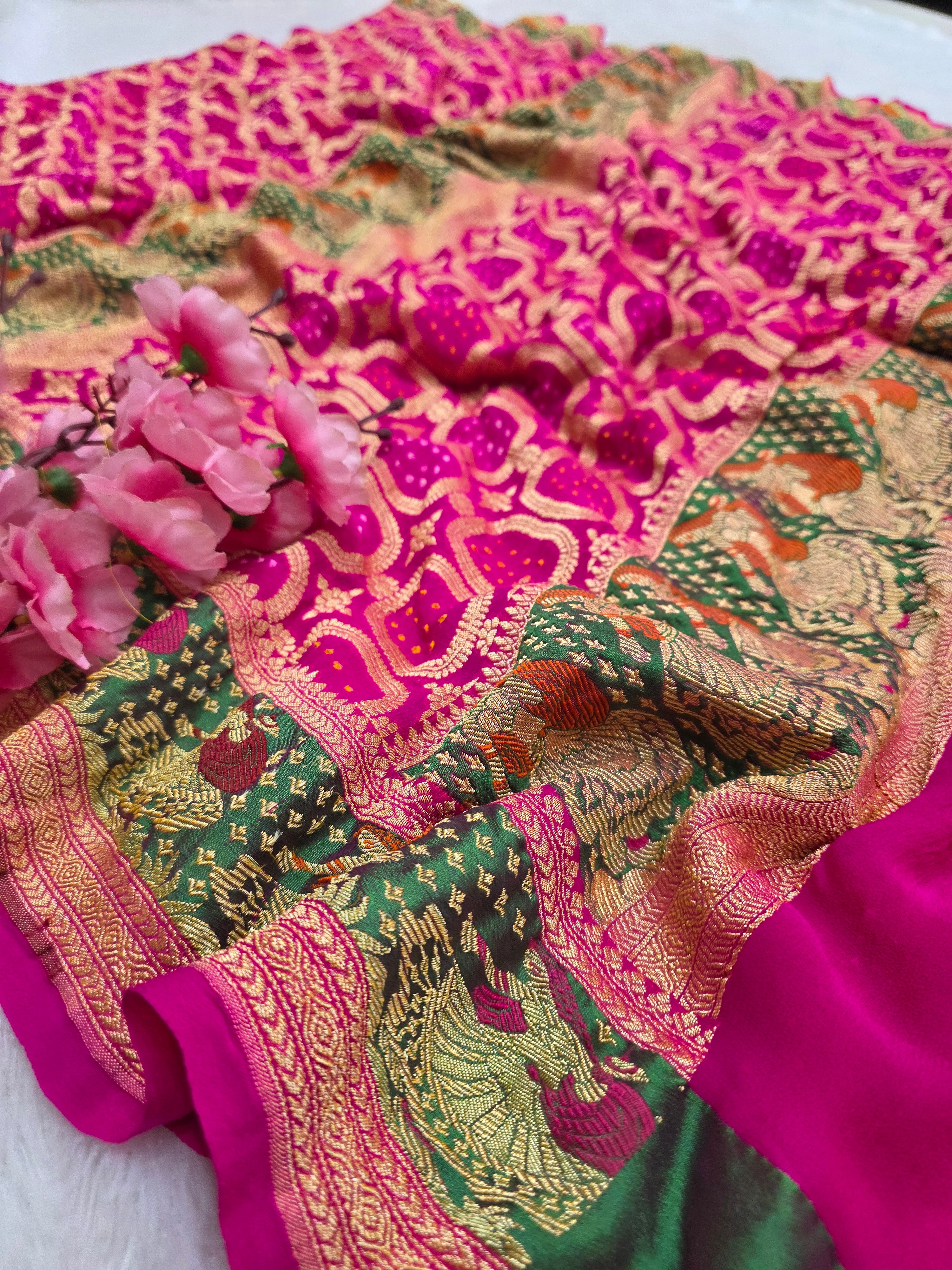 817004 Pure Georgette Hand Rai Bandhani Meenakari Pink Color Saree (C75001)
