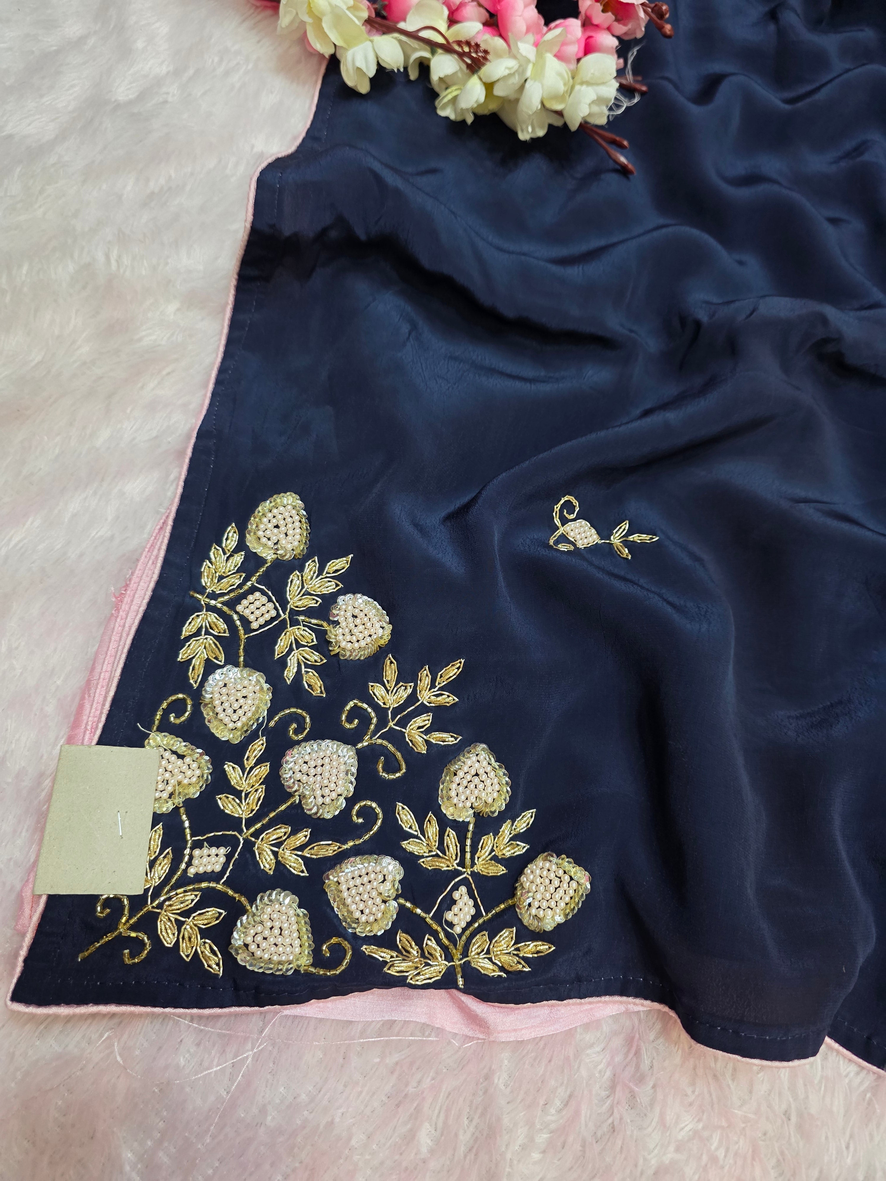 890006 Pure Crepe Silk Designer Girlish Saree with Heavy Pearl Handwork