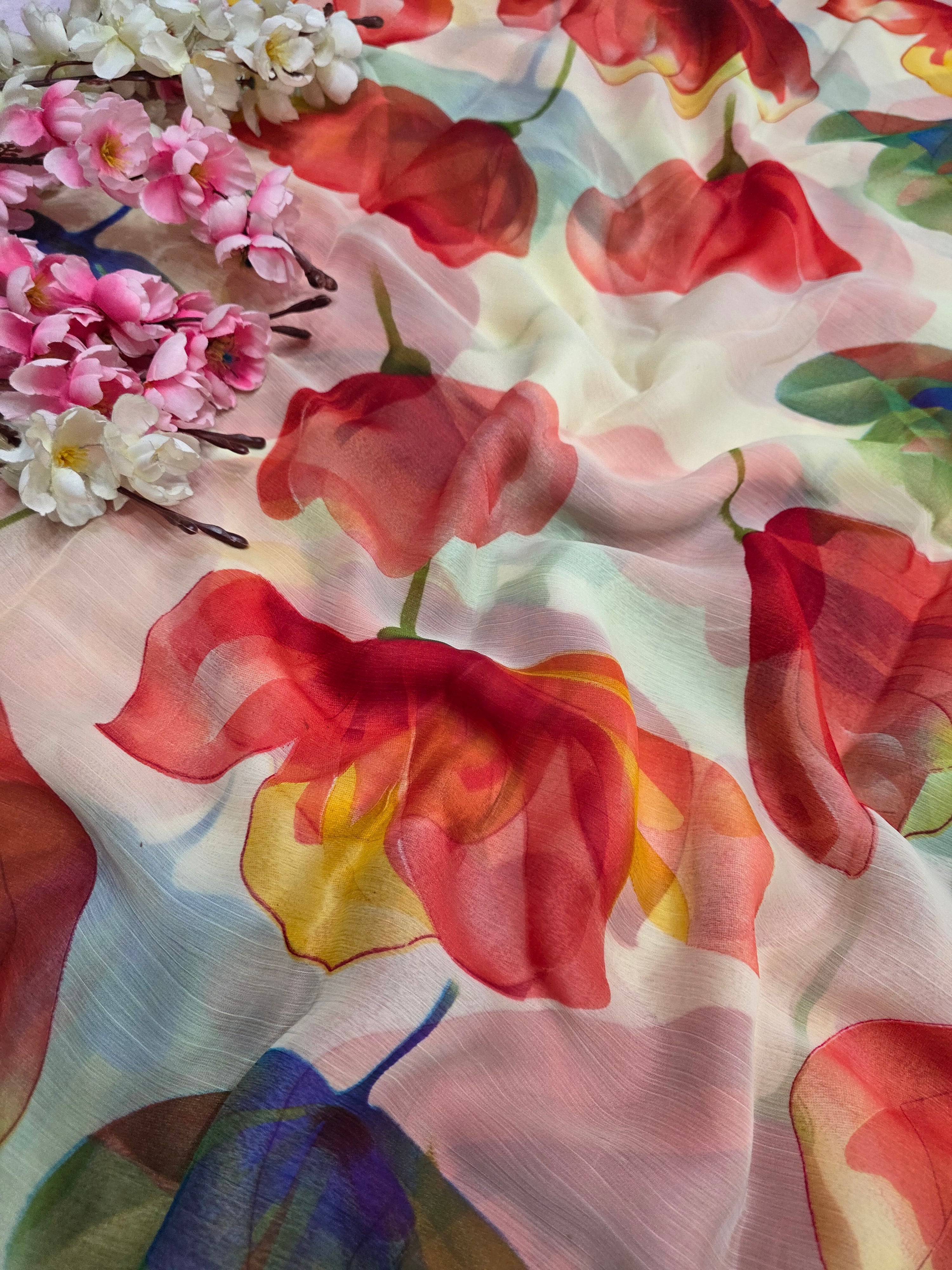 103905 Lightweight Elegant Semi Chiffon Flower Print Saree - Red