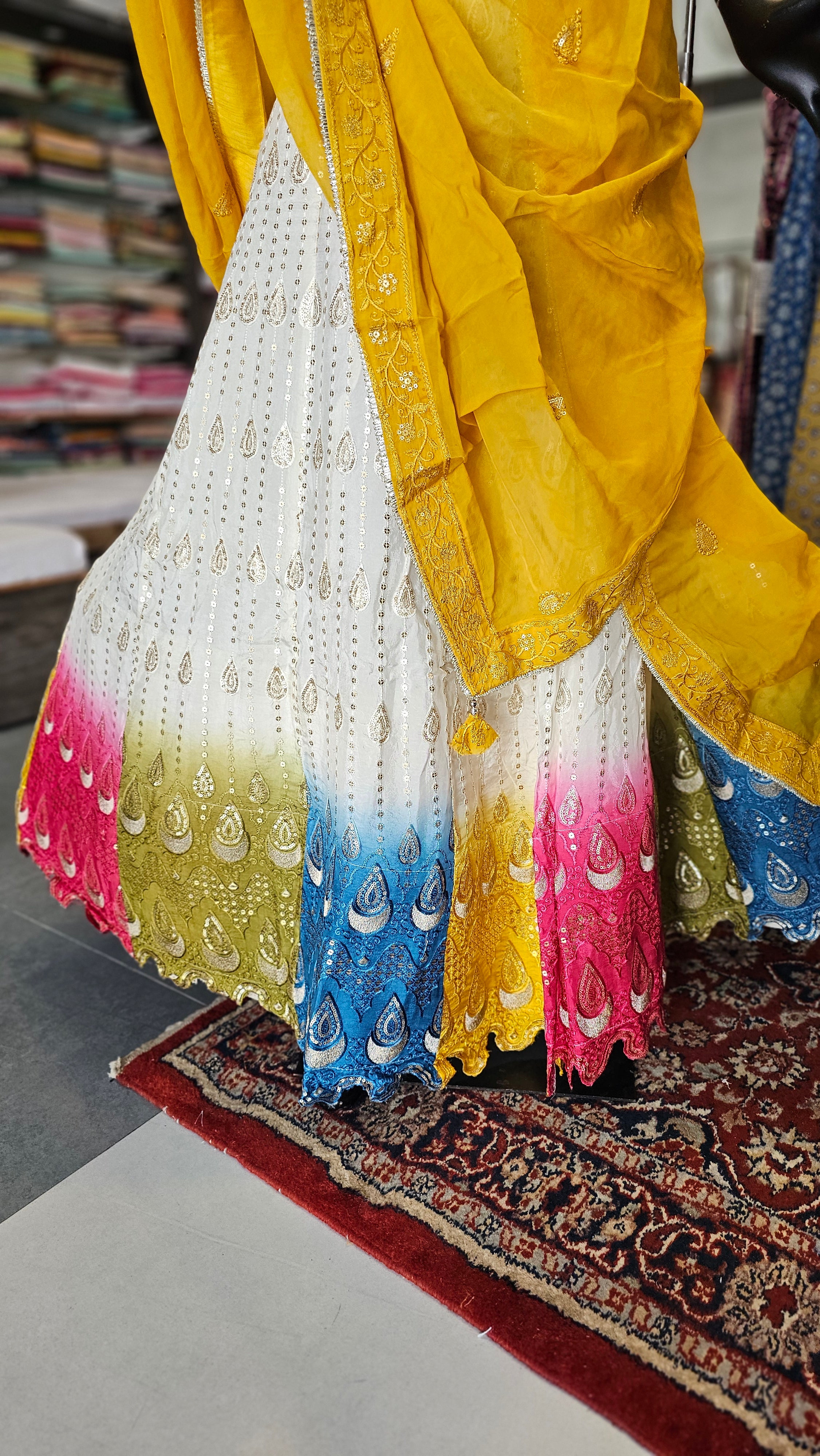 11092 Multicolor Crepe Silk Lehenga with Soft Organza Dupatta