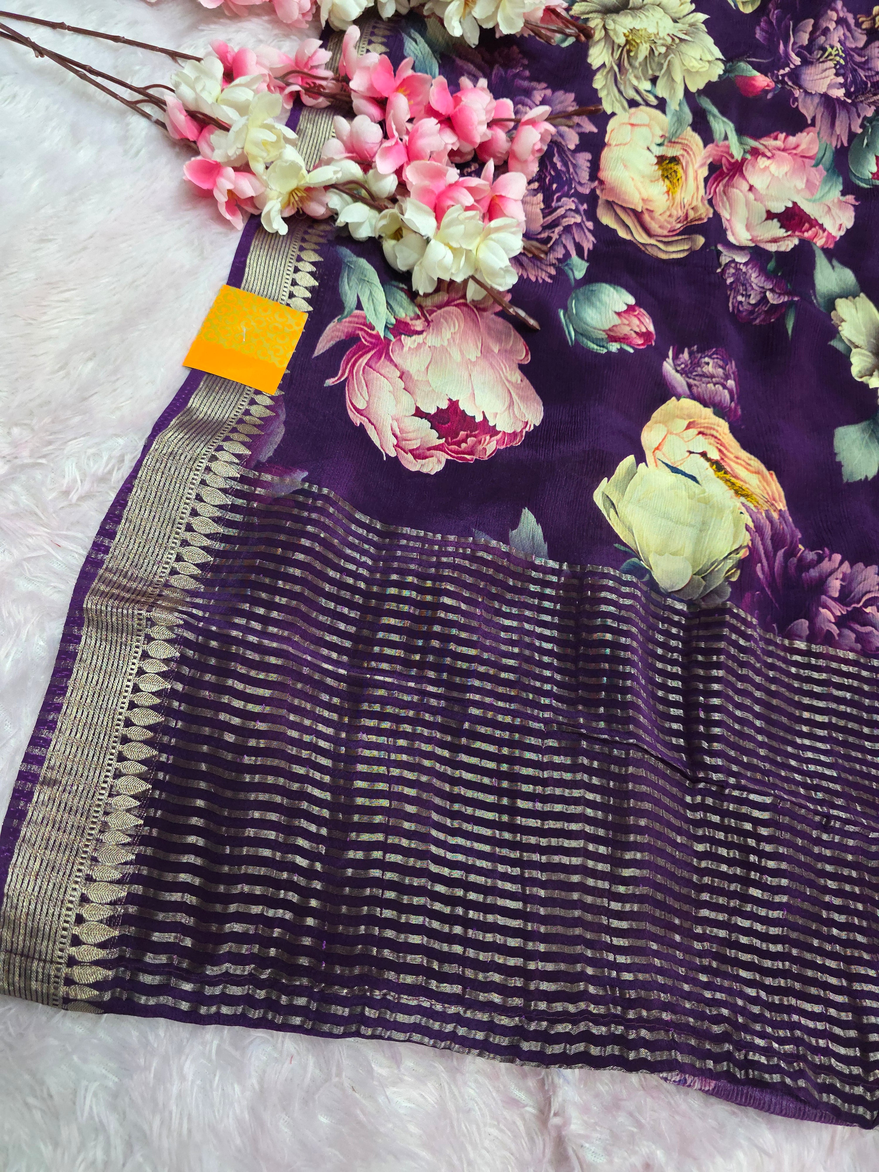 CA0714 Exclusive Pure Chinon Silk Flower Print Saree with Zari Weaving Border Purple