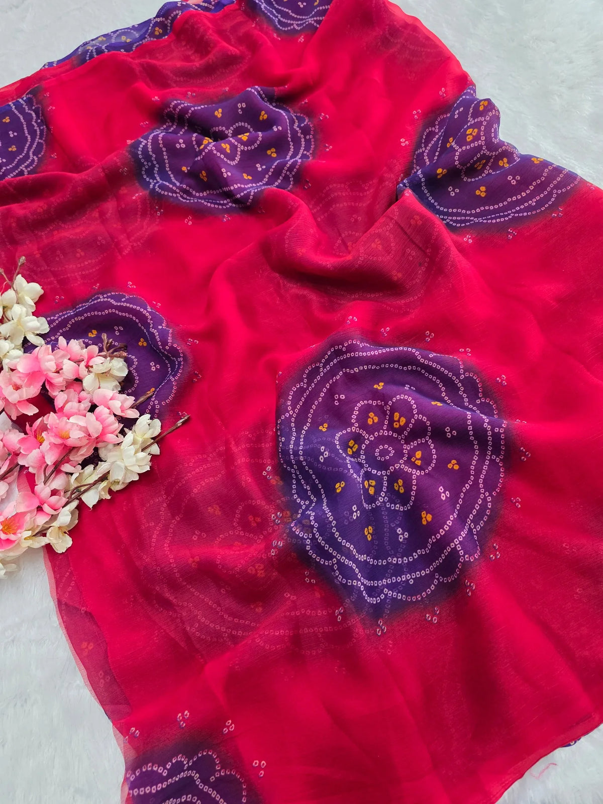 CA1486 Lightweight Elegant Semi Chiffon Bandhani Print Saree - Red Blue