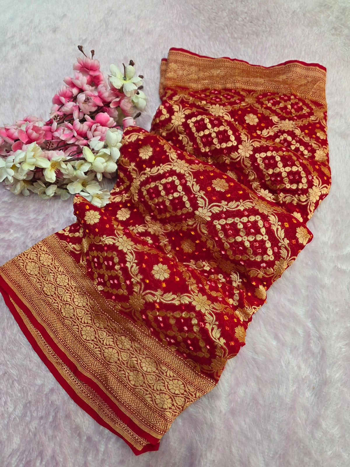 CA1530 Pure Georgette Hand Rai Bandhani Red Color Saree