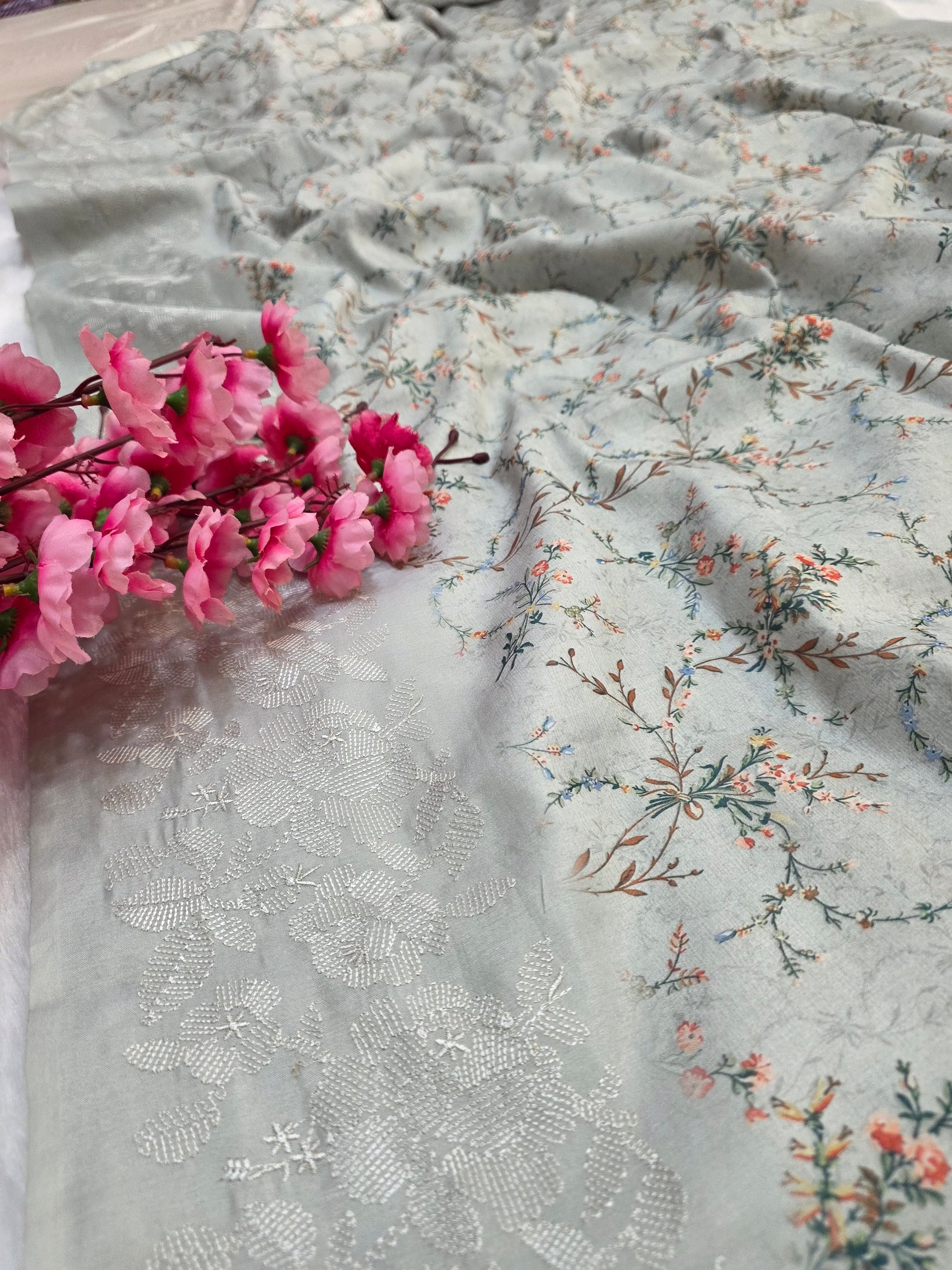 795001 Soft Silk Digital Flower Print With Embroidery Saree