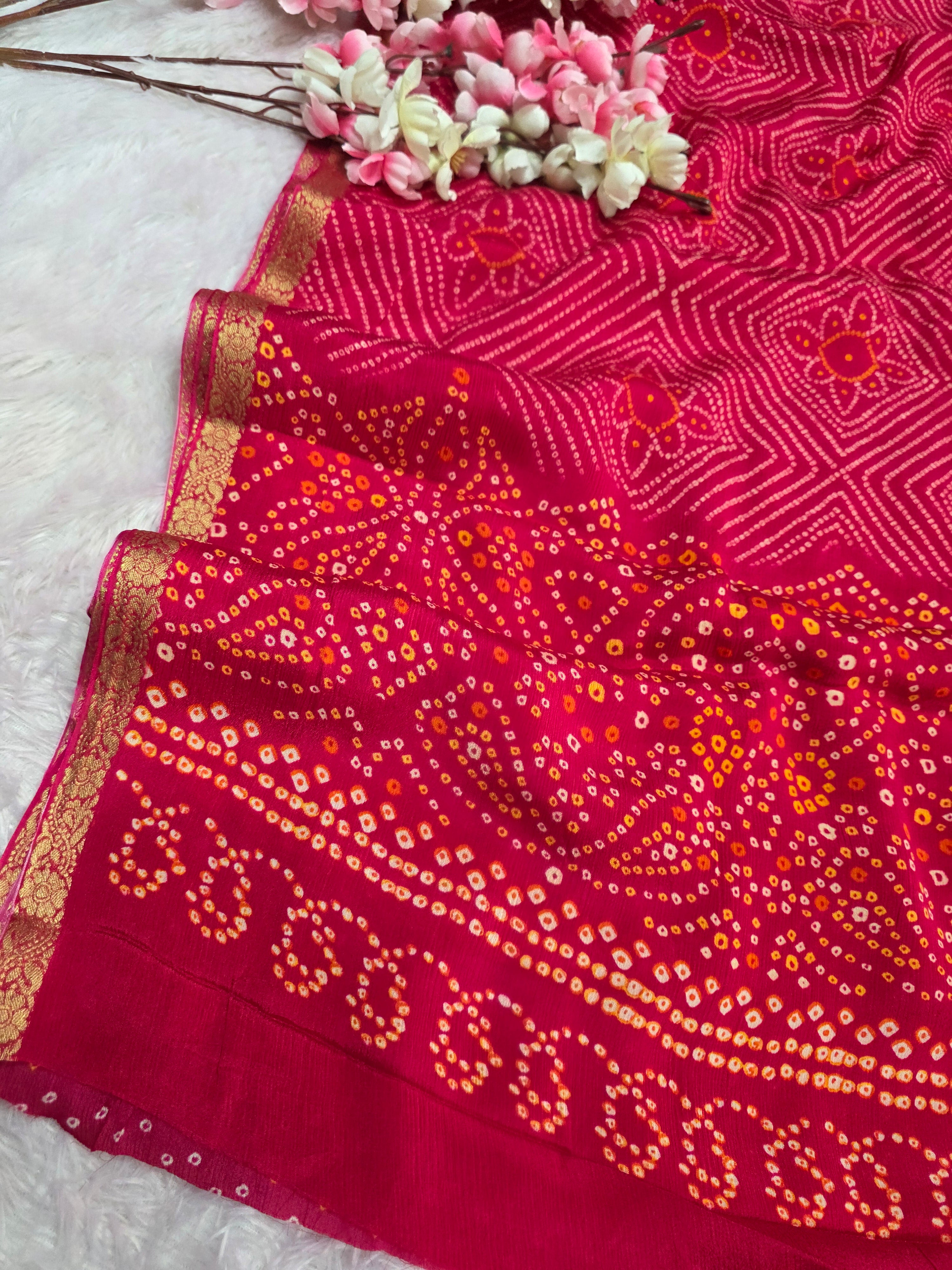 CA0721 Exclusive Pure Chinon Silk Bandhani Print Saree with Zari Weaving Border