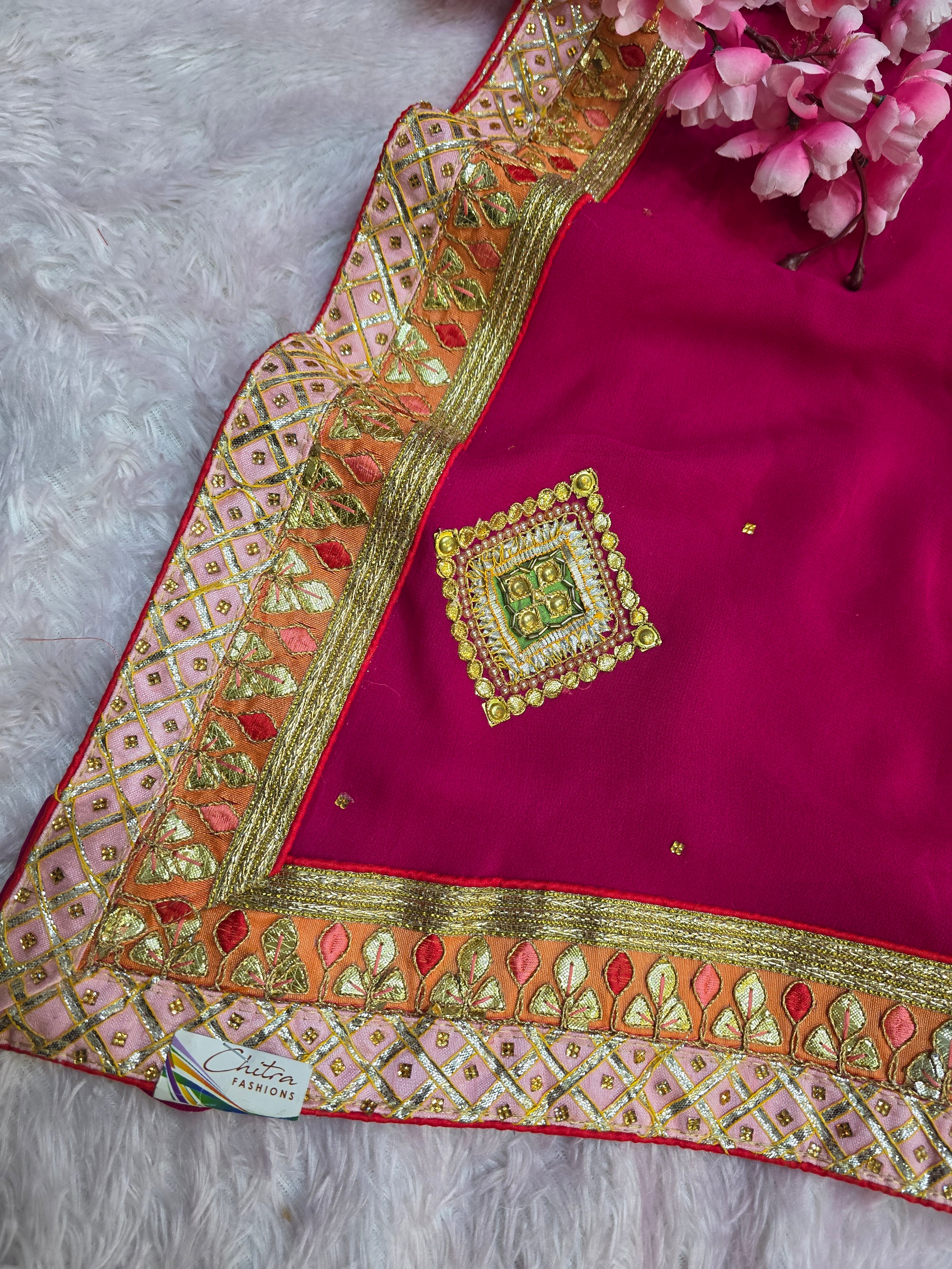 499007 Designer Georgette Saree with Traditional Gotapatti and Danka Hand Work