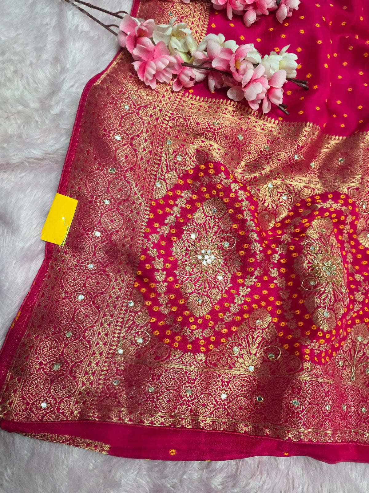 5060 Pure Upada Silk Bandhani Saree with Handwork - Rani