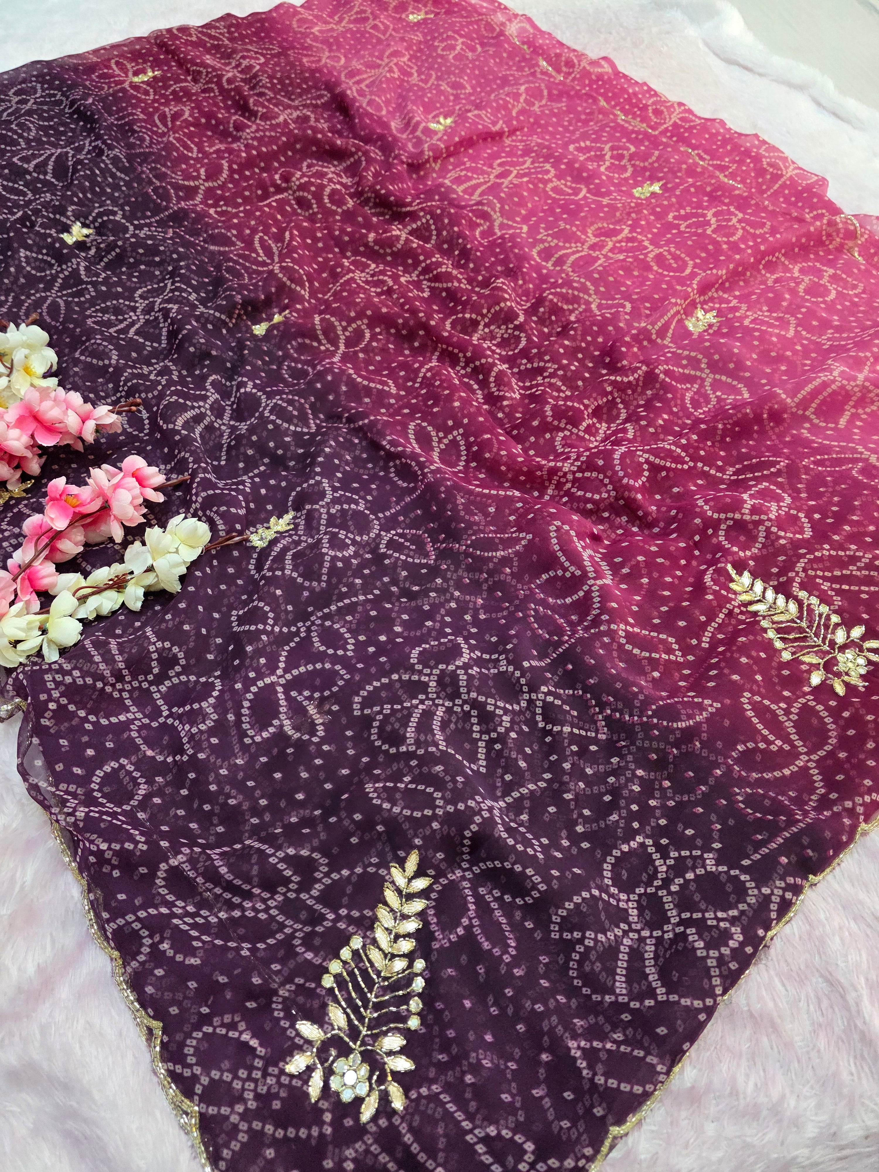 966001 Traditional Bandhani Georgette Saree with Hand Cutdana Work - Wine