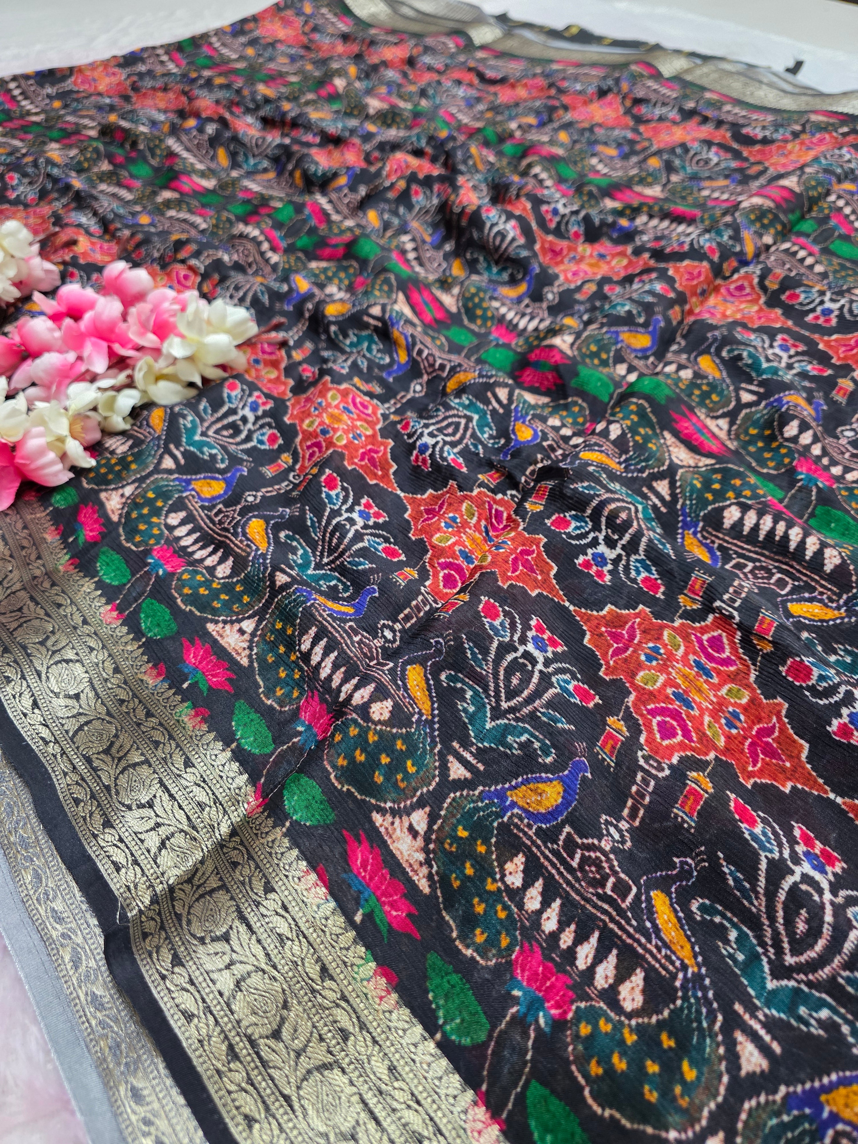 CA0708 pure chinon silk peacok print black saree