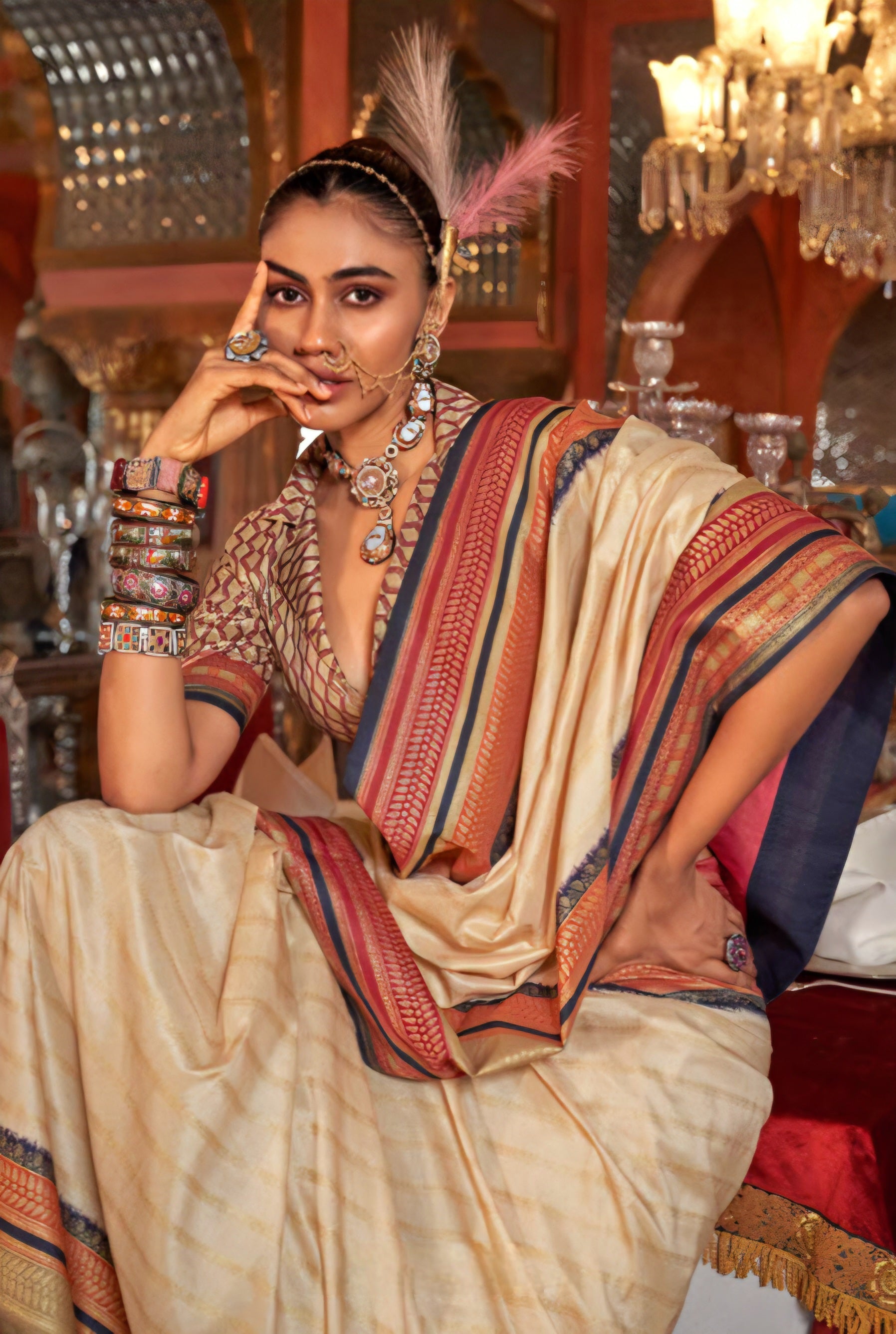 100701 Premium Patola Print Silk Saree With Gold Print - Beige