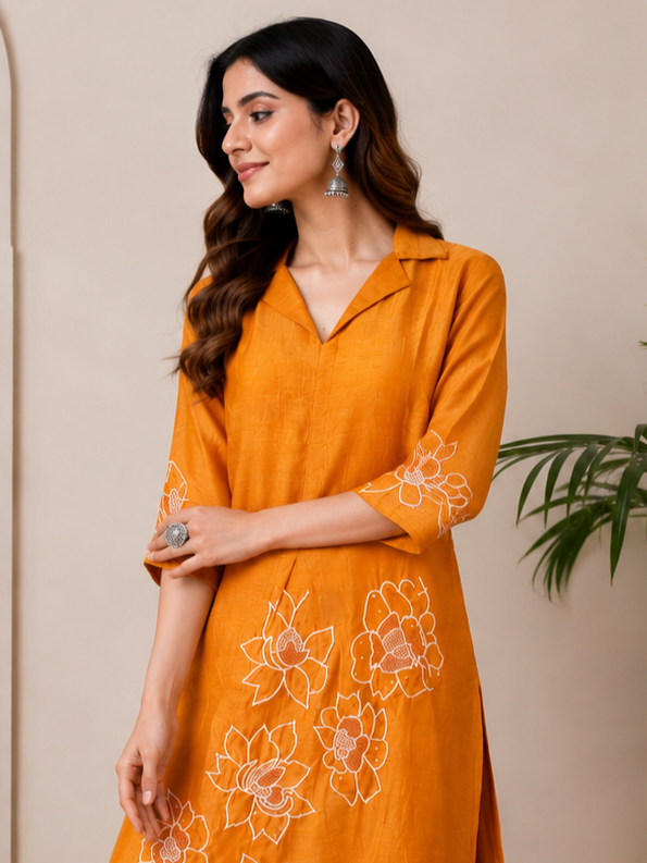 11974 Pure Mal Chanderi Cotton Hand Embroidery with Sequence Work A-Line Kurti With Pant