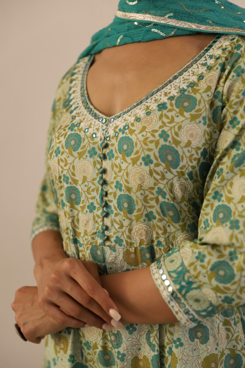 Vintage Floral Motifs Printed Soft Art Silk Dress