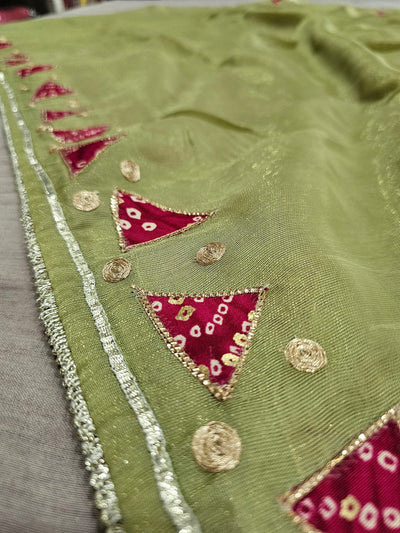 665005 फैंसी डिजाइनर सेमी पार्टी वियर साड़ी बांधनी ब्लाउज के साथ - तोता हरा