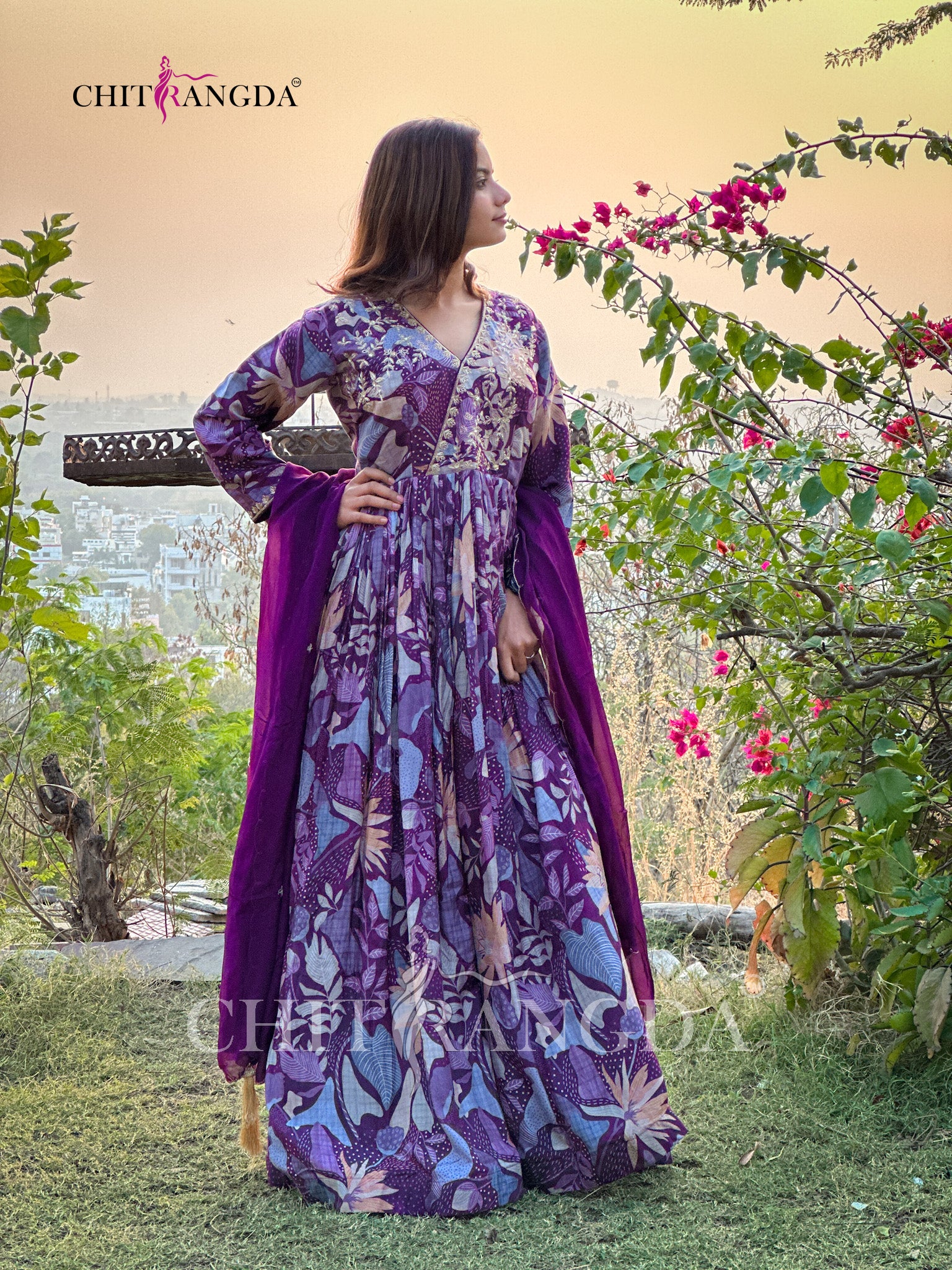 1661 Designer Printed Angrakha Style Gown with Designer Work