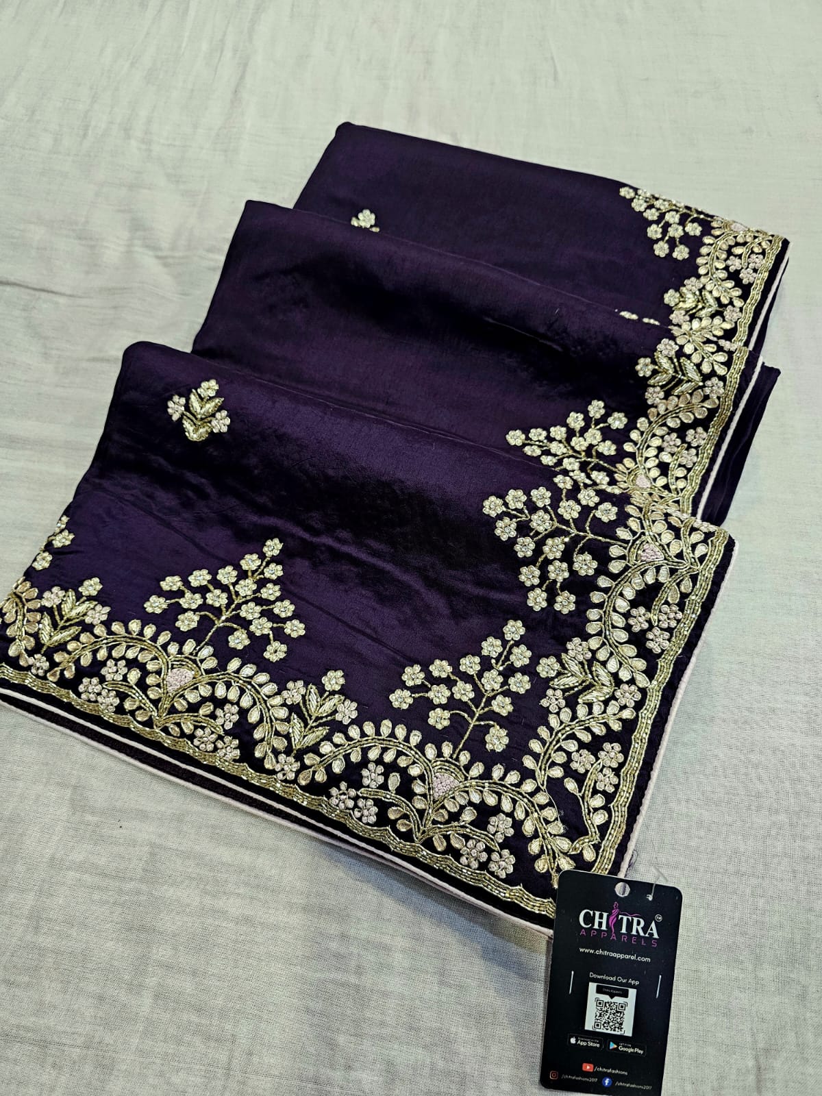 C74006 Elegant Pure Russian Silk Saree Hand Embroidered with Pearl and Cutdana