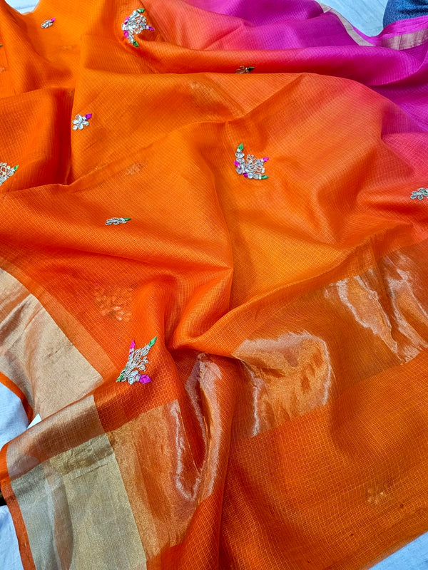 738001 Pure Kota Doria Silk Shaded Saree with Gota Patti Work