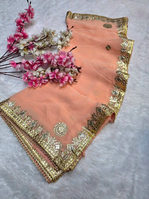CA1566C Rajasthani Special Gota patti Work Georgette Saree - Peach