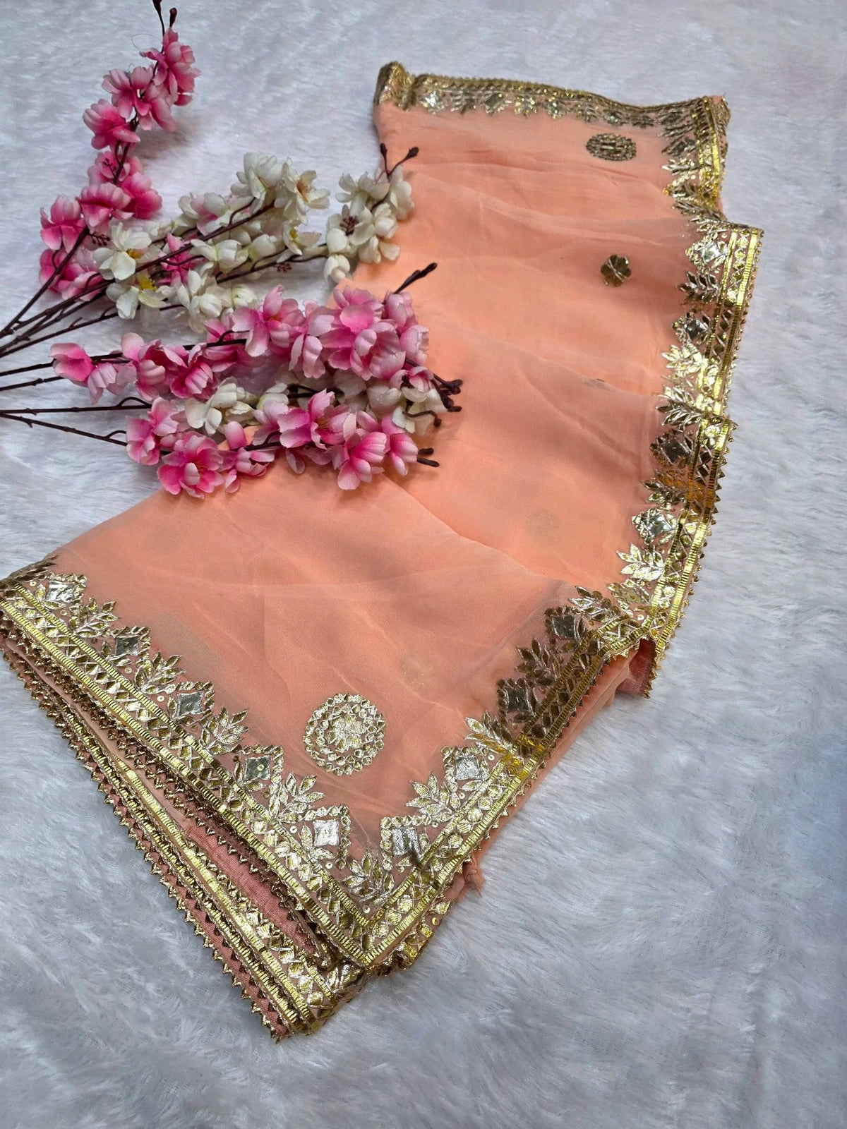 CA1566C Rajasthani Special Gota patti Work Georgette Saree - Peach