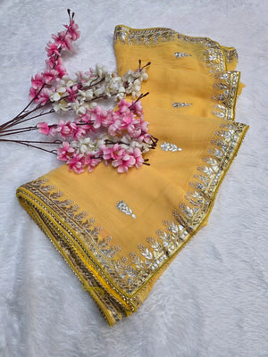 CA1567E Rajasthani Special Gota patti Work Georgette Saree - Yellow