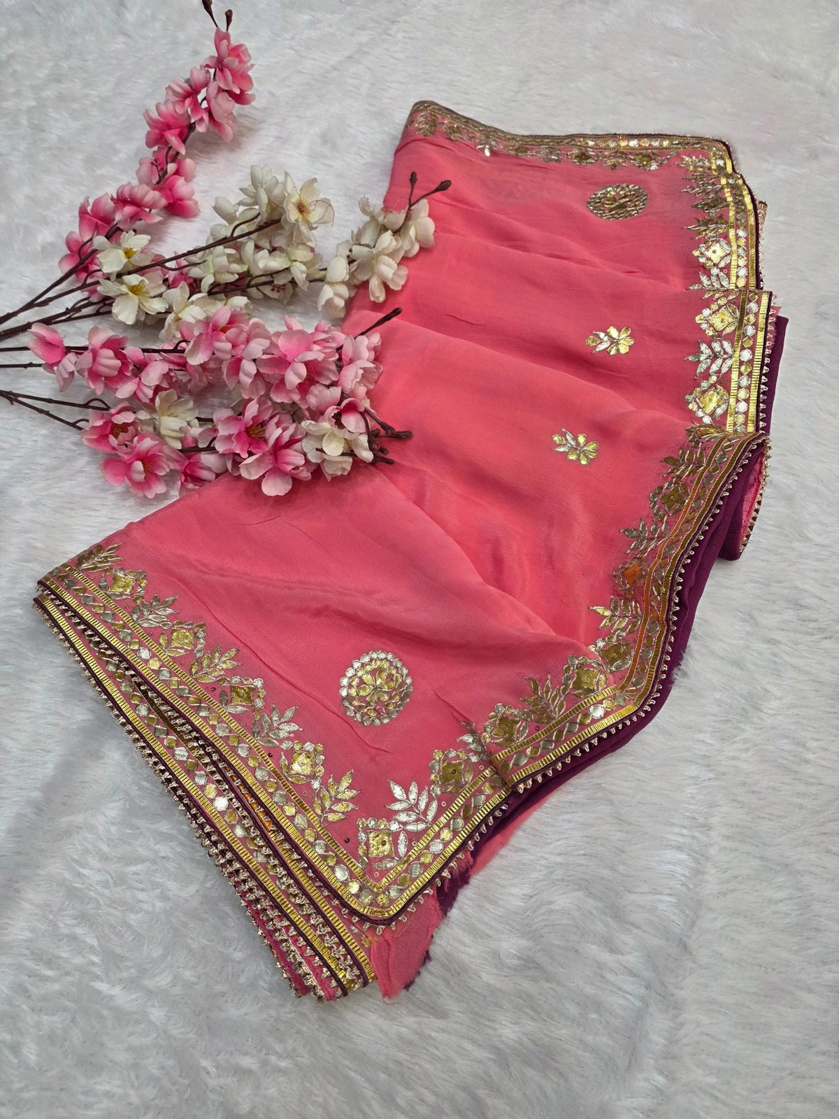 CA1566D Rajasthani Special Gota patti Work Chinon Silk Saree - Pink