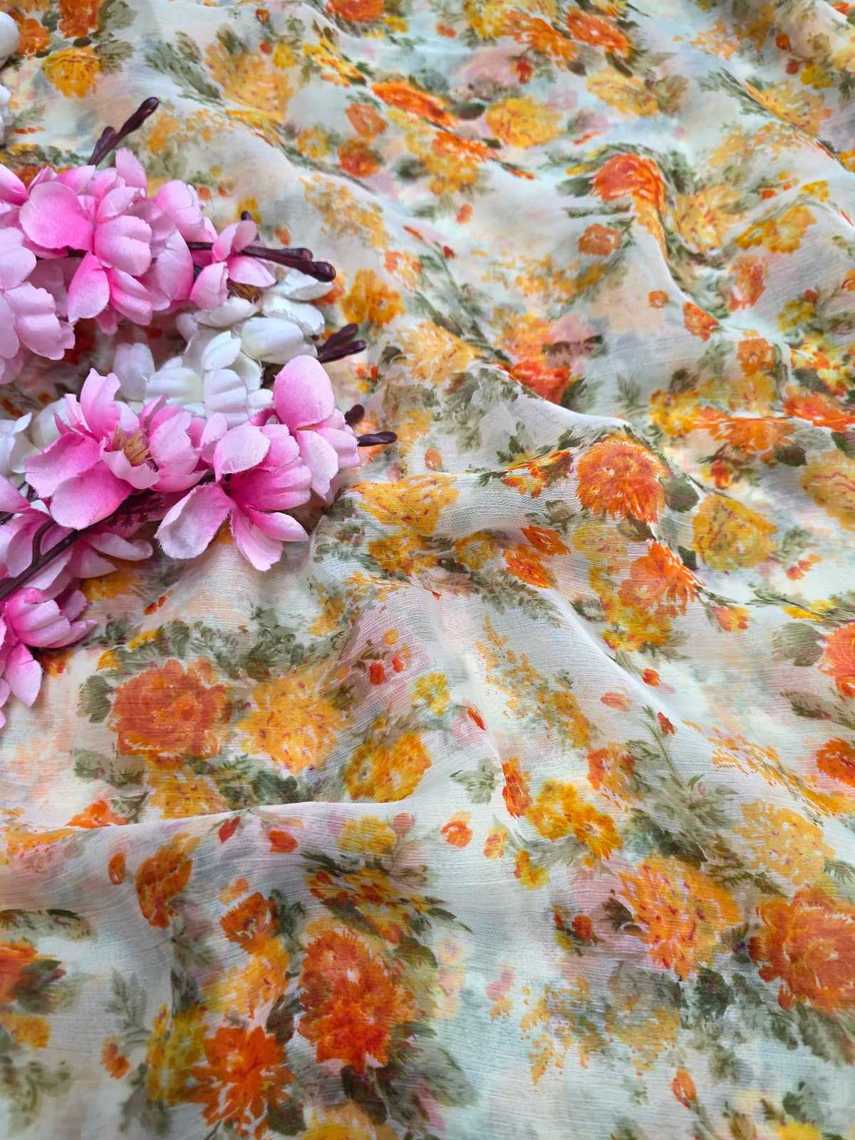 644001 Exclusive Chiffon Flower Print Saree - Orange