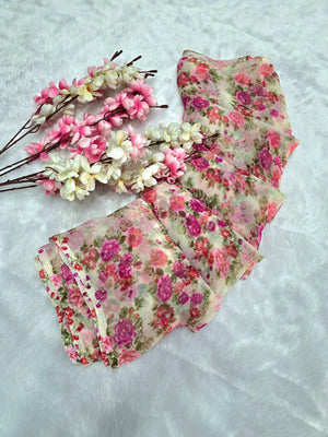 644001 Exclusive Chiffon Flower Print Saree - Pink