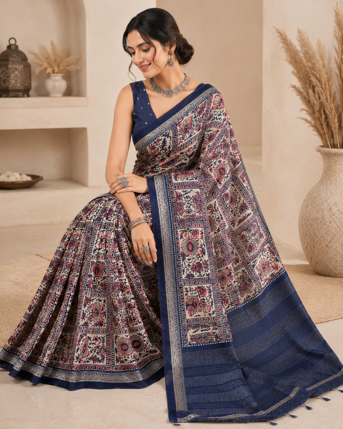 101006 Exclusive Pure Chinon Silk Traditional Flower Print Saree with Zari Weaving Border