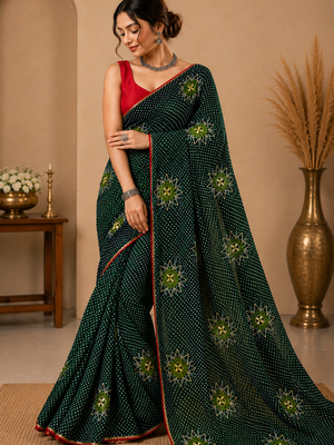12475 Pure Chiffon Bandhani Saree with Gotapatti Work - Green