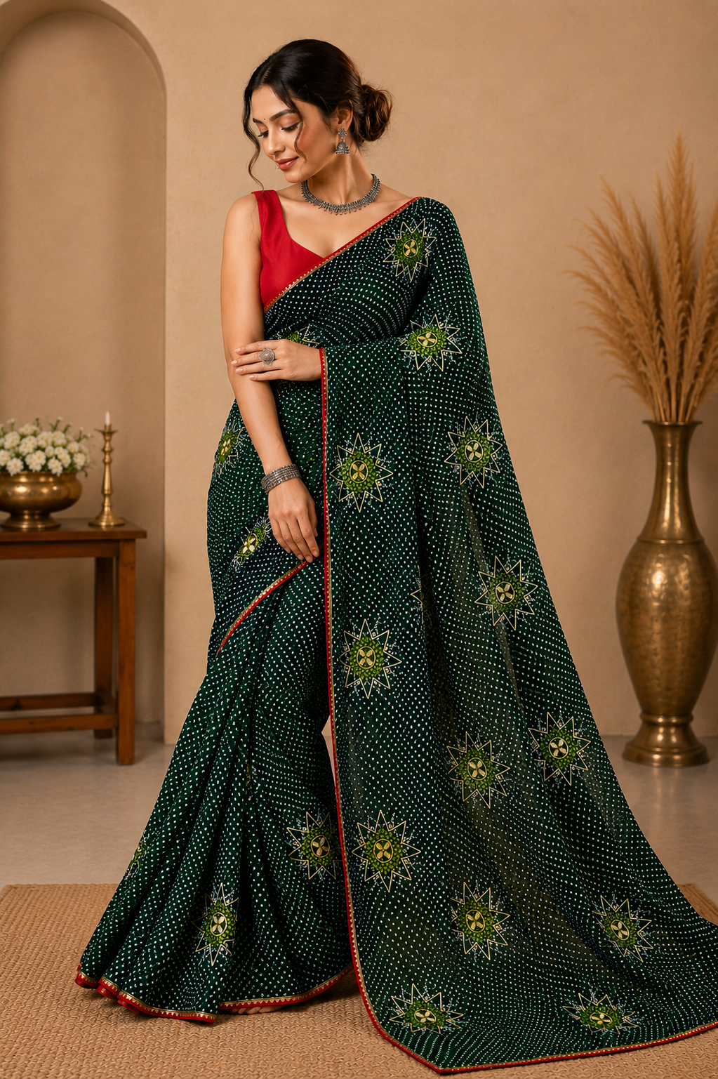 12475 Pure Chiffon Bandhani Saree with Gotapatti Work - Green